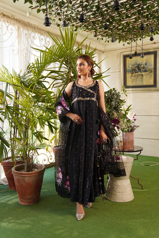 Pakistani Black Embroidered Pure Raw Silk Angrakha Dress (3-Piece) - Image 8