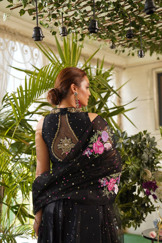 Pakistani Black Embroidered Pure Raw Silk Angrakha Dress (3-Piece) - Image 9