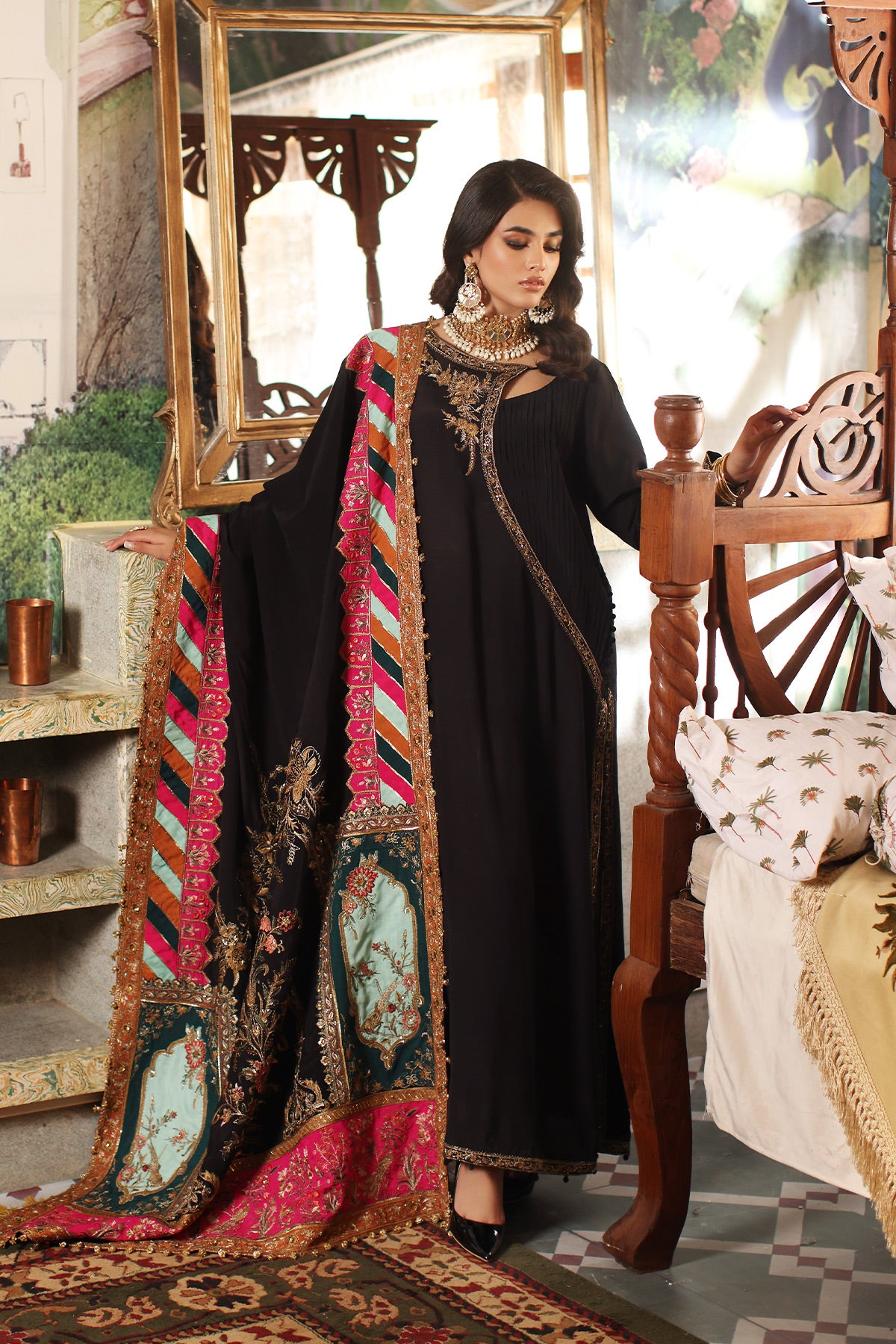 Black Embroidered Raw Silk Angrakha (3-Piece) - Image 1