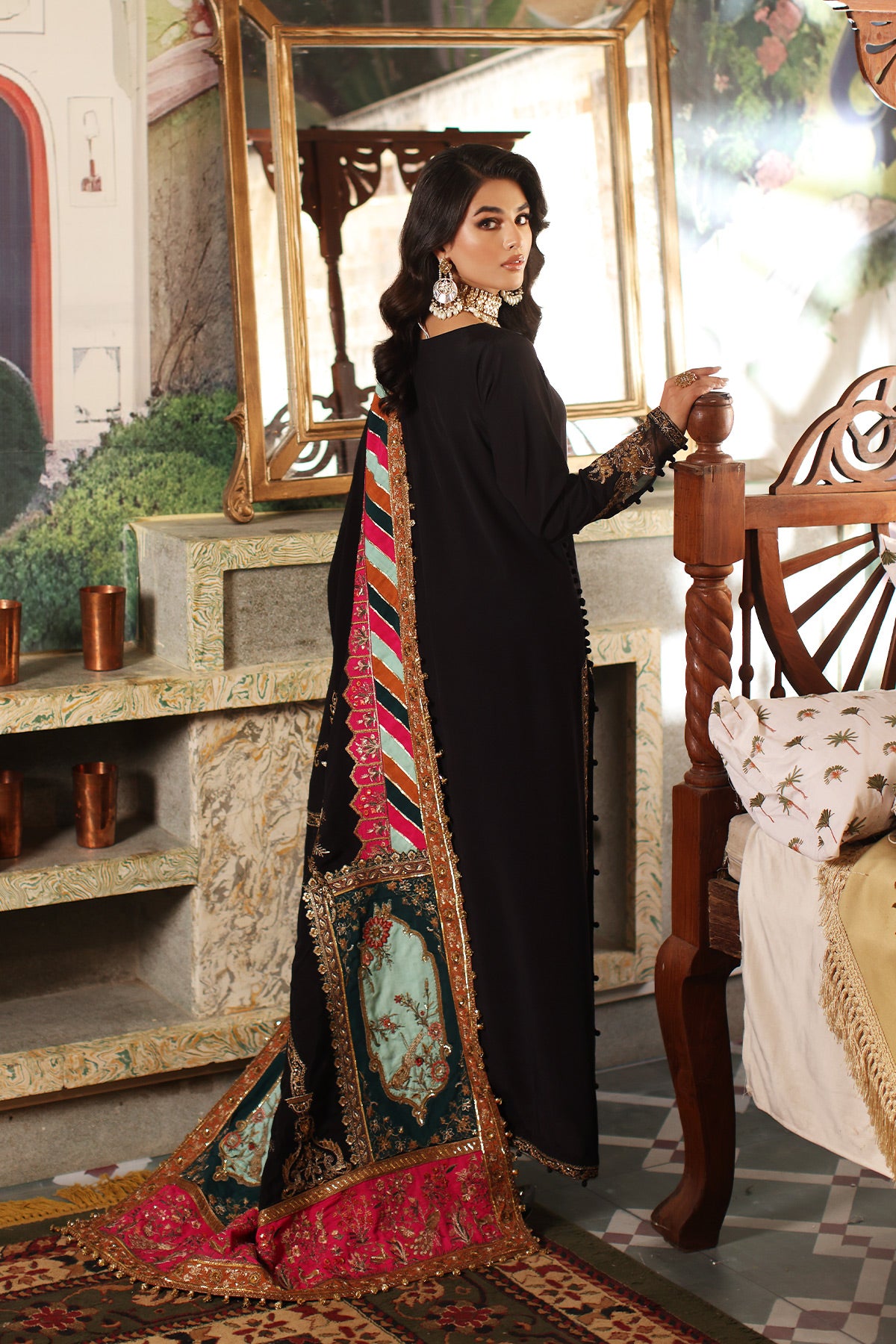 Black Embroidered Raw Silk Angrakha (3-Piece) - Image 3