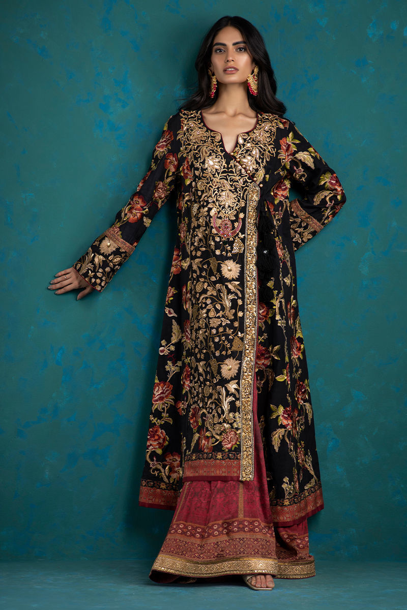 Black Multicolour Embroidered Silk Angrakha (3-Piece) - Image 1