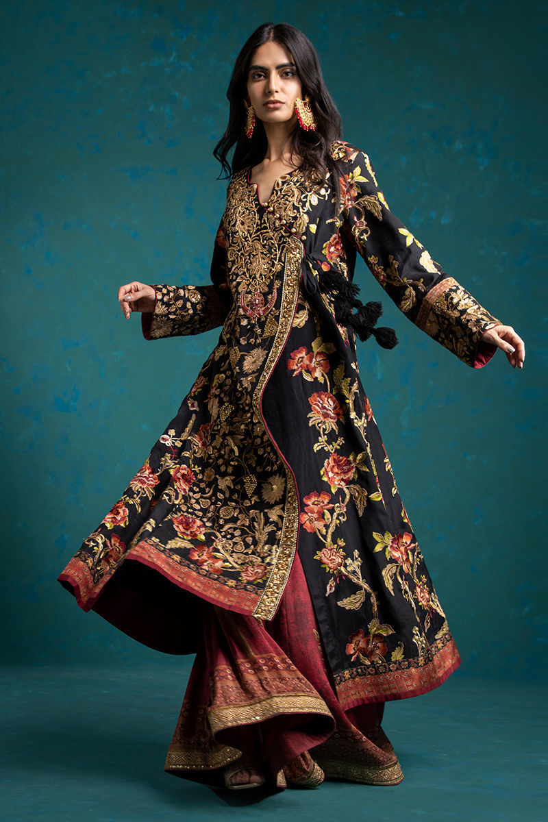 Black Multicolour Embroidered Silk Angrakha (3-Piece) - Image 3