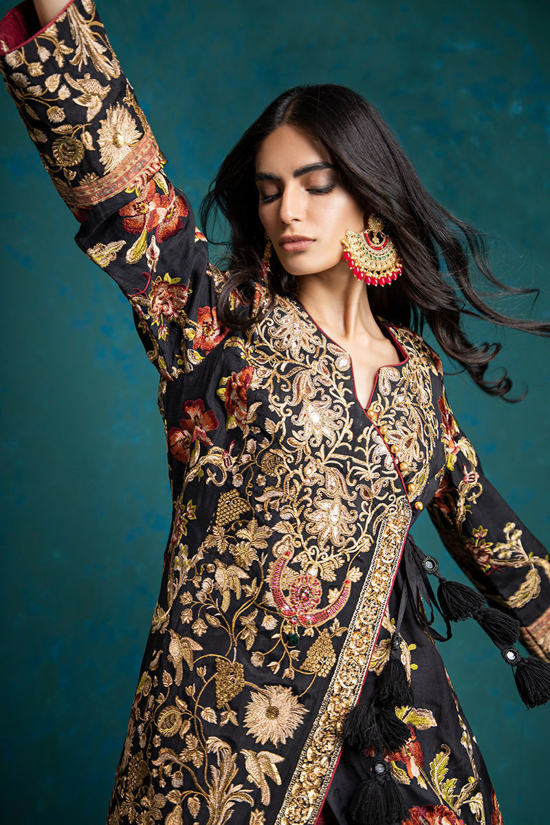 Black Multicolour Embroidered Silk Angrakha (3-Piece) - Image 4