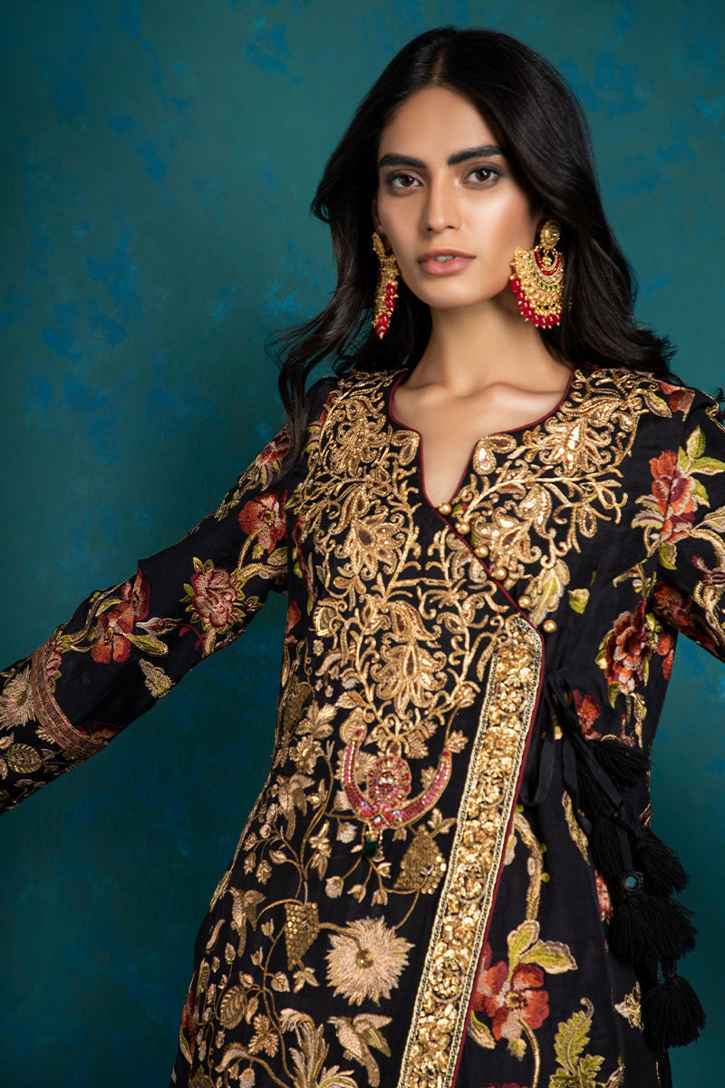 Black Multicolour Embroidered Silk Angrakha (3-Piece) - Image 5