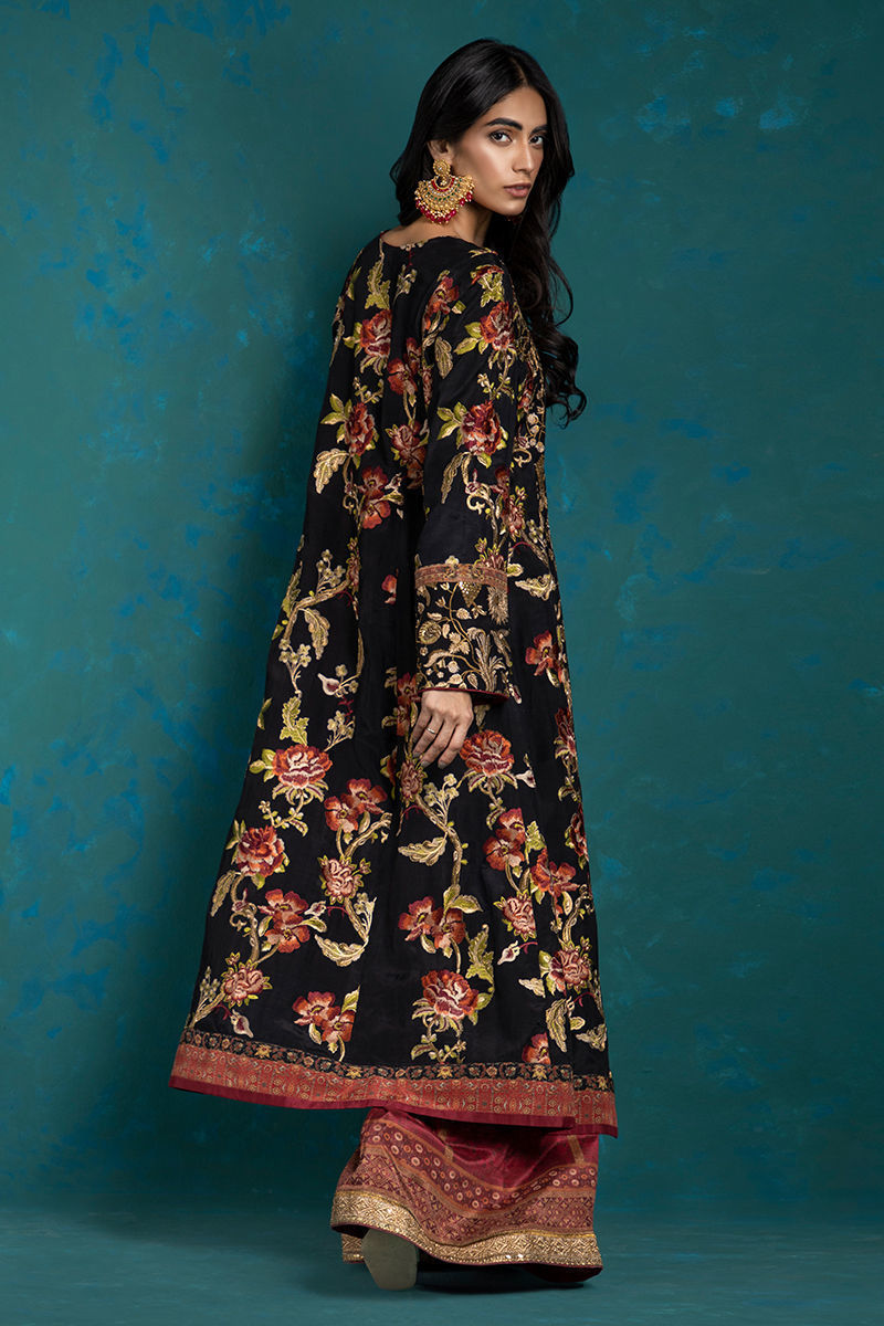 Black Multicolour Embroidered Silk Angrakha (3-Piece) - Image 6