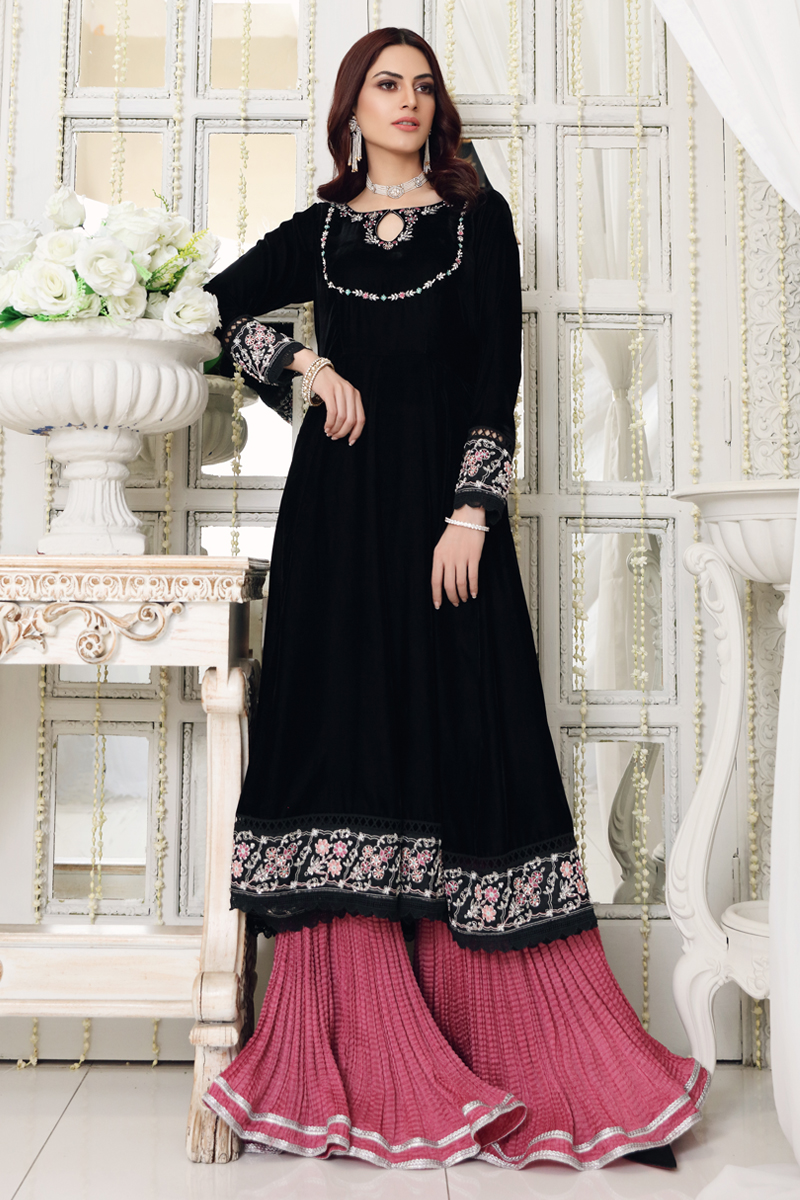 Black Velvet Angrakha with Pearl Cut Dana (3-Piece) - Image 1