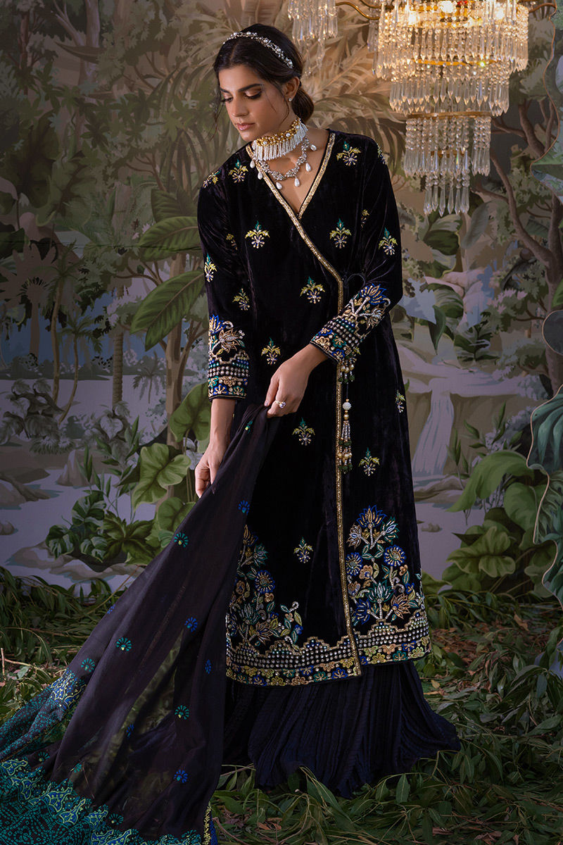 Black Velvet Embroidered Angrakha Dress (3-Piece) - Image 1