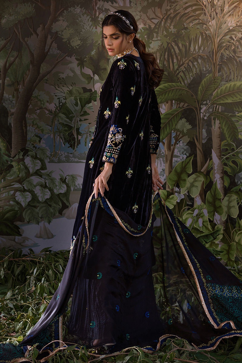 Black Velvet Embroidered Angrakha Dress (3-Piece) - Image 3
