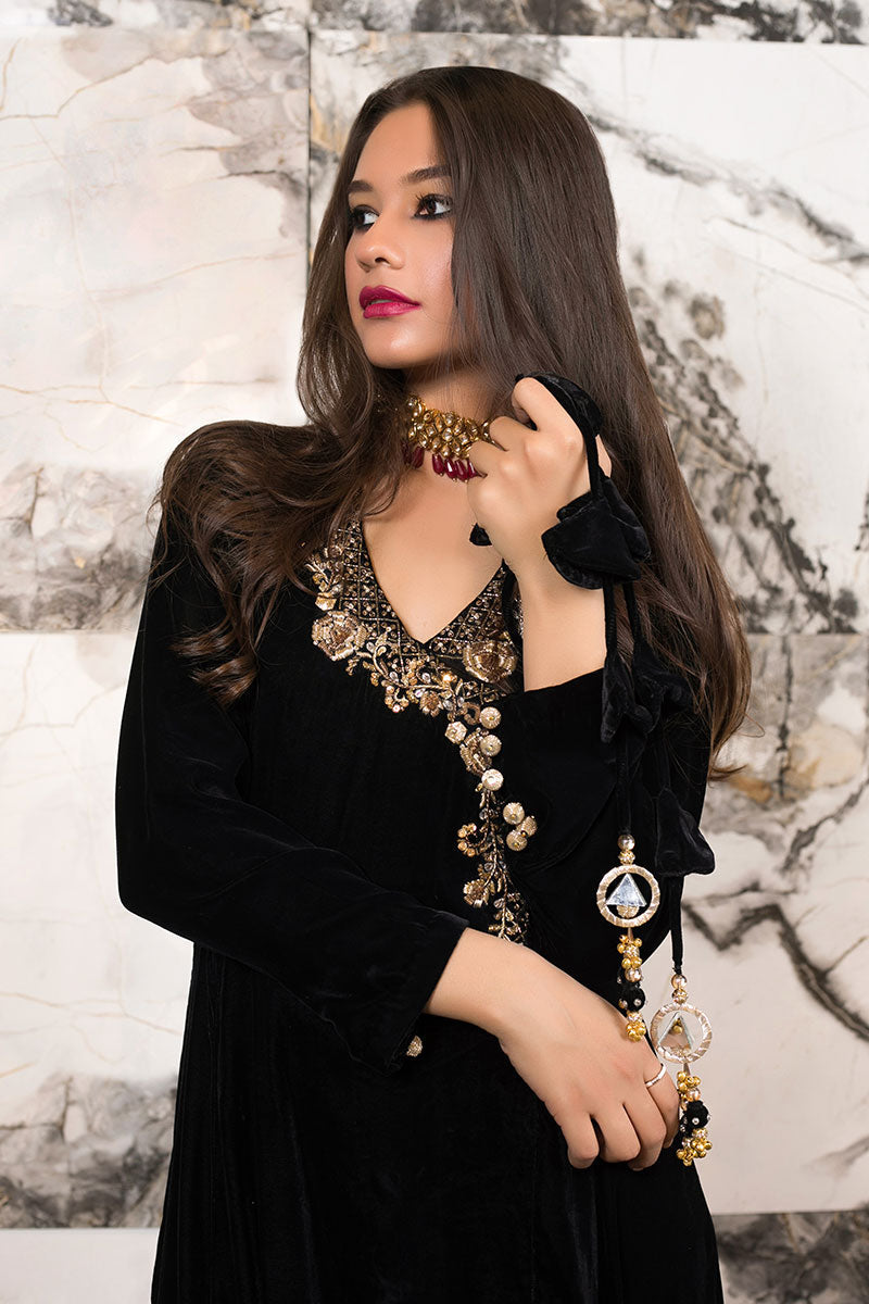 Pakistani Black Zari Embroidered Velvet Angrakha (3-Piece) - Image 4