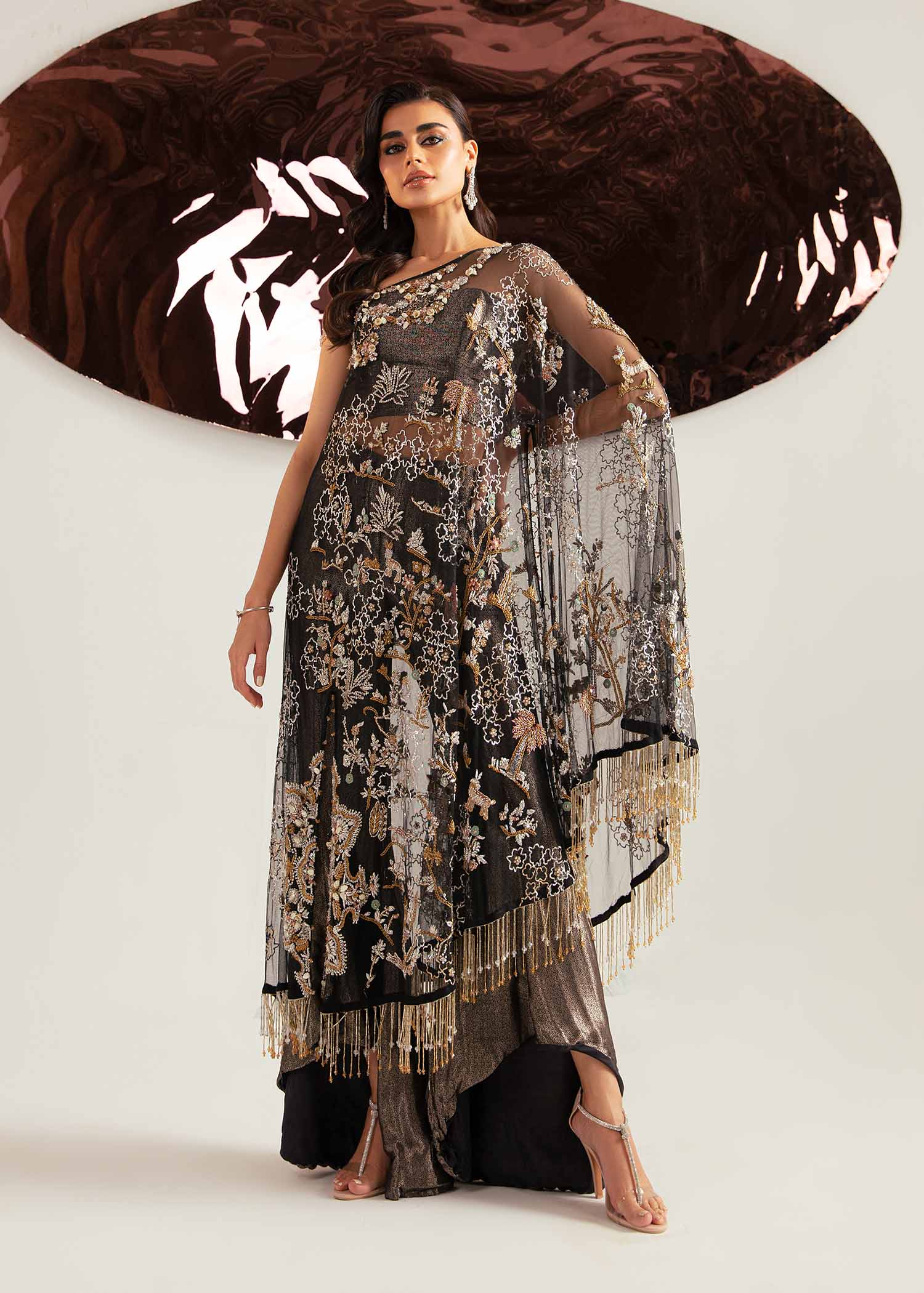 Pakistani Black Hand-Embroidered Net Cape Dress (2-Piece) - Image 1