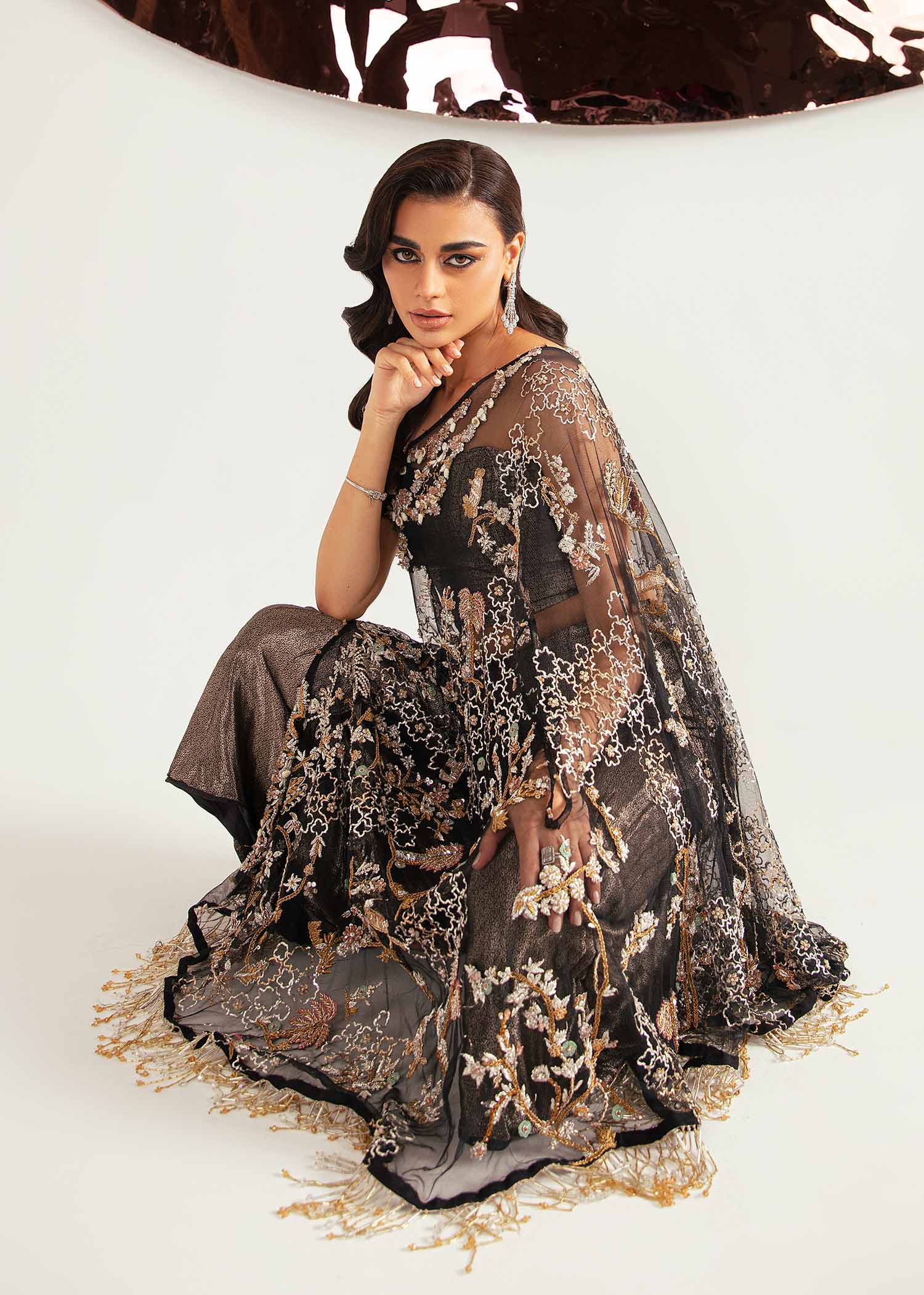 Pakistani Black Hand-Embroidered Net Cape Dress (2-Piece) - Image 3