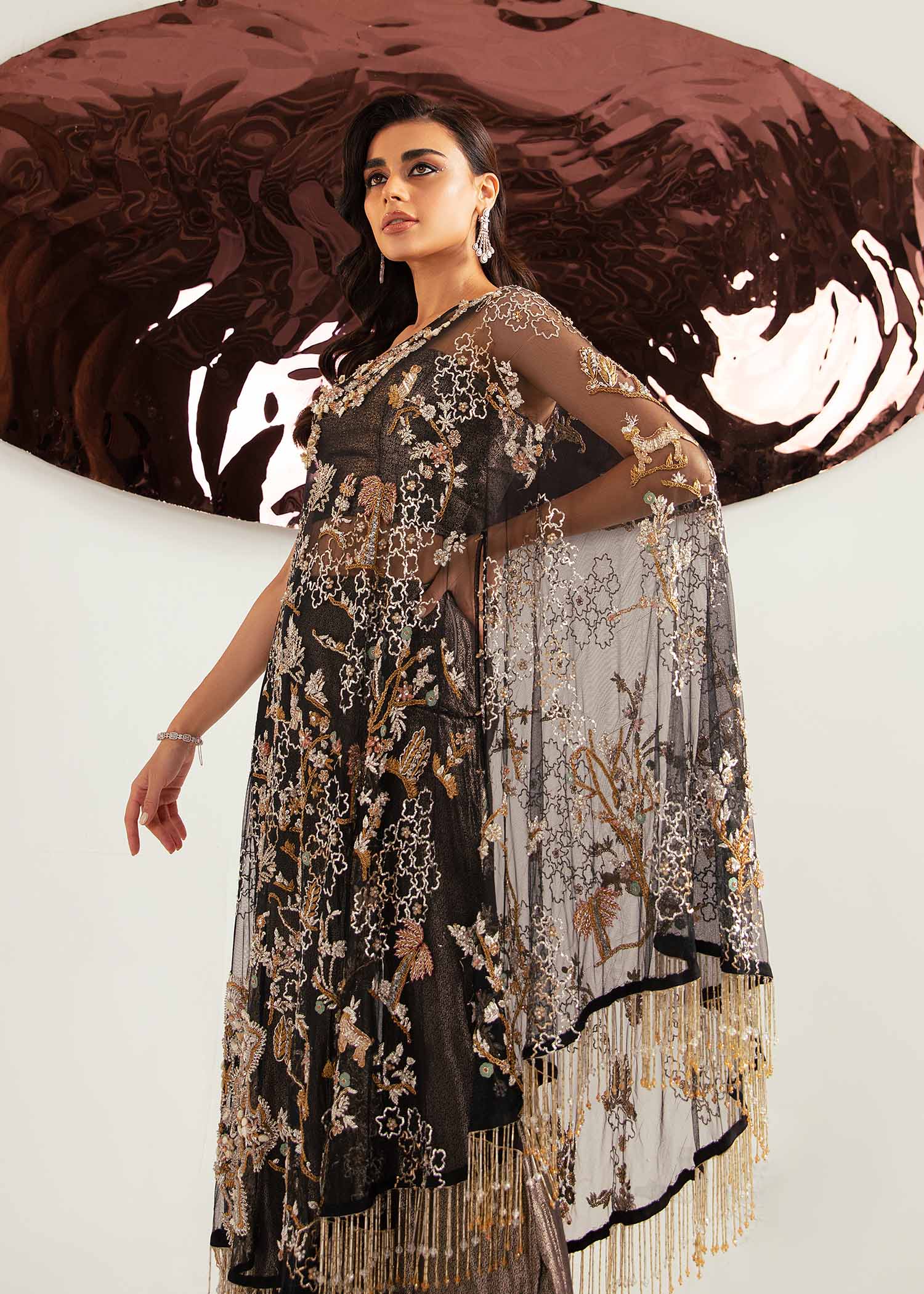 Pakistani Black Hand-Embroidered Net Cape Dress (2-Piece) - Image 4