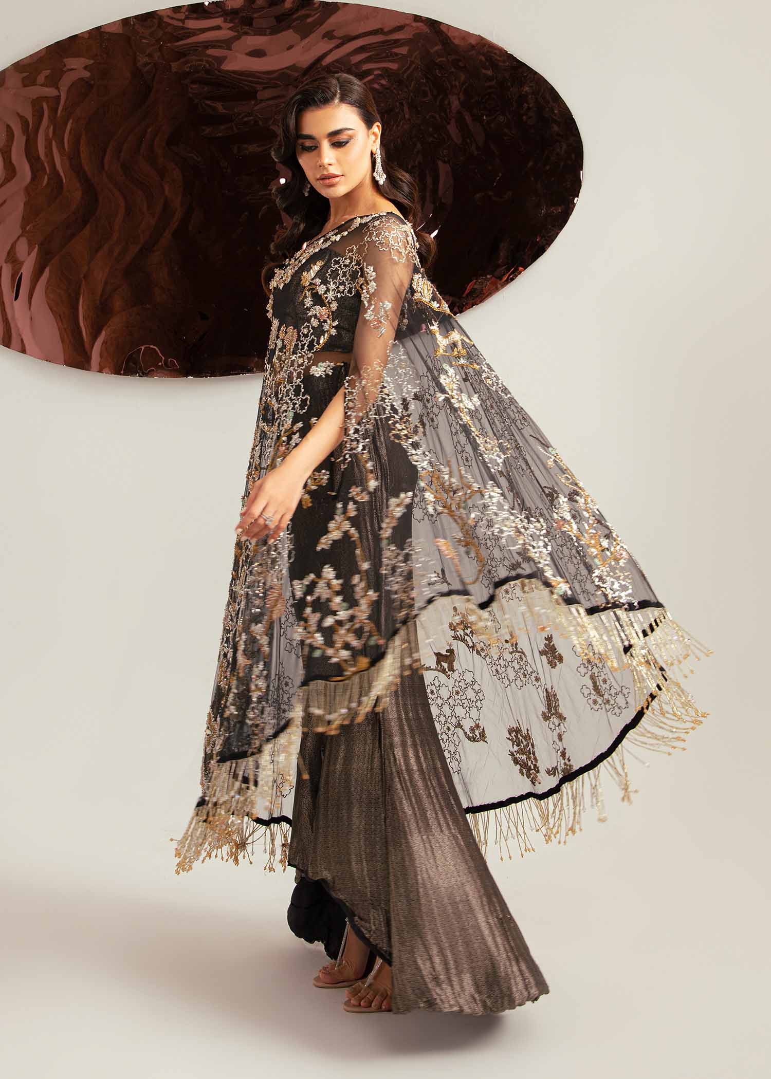 Pakistani Black Hand-Embroidered Net Cape Dress (2-Piece) - Image 6