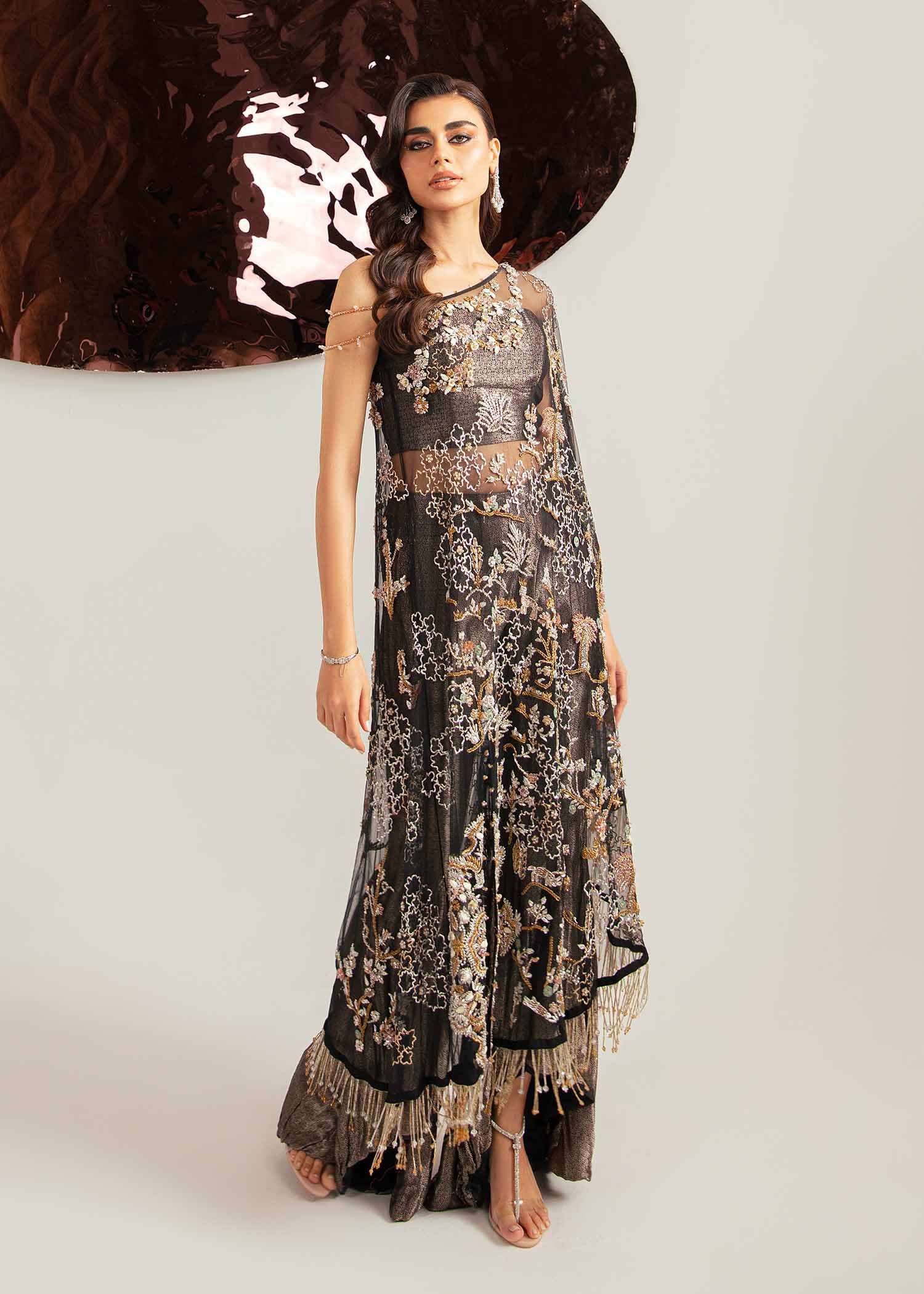 Pakistani Black Hand-Embroidered Net Cape Dress (2-Piece) - Image 8