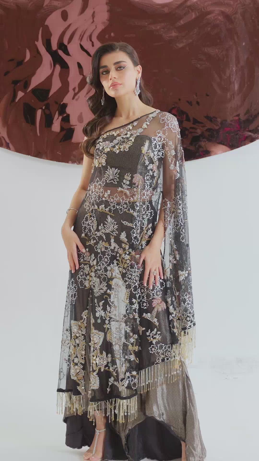 Pakistani Black Hand-Embroidered Net Cape Dress (2-Piece) - Image 9