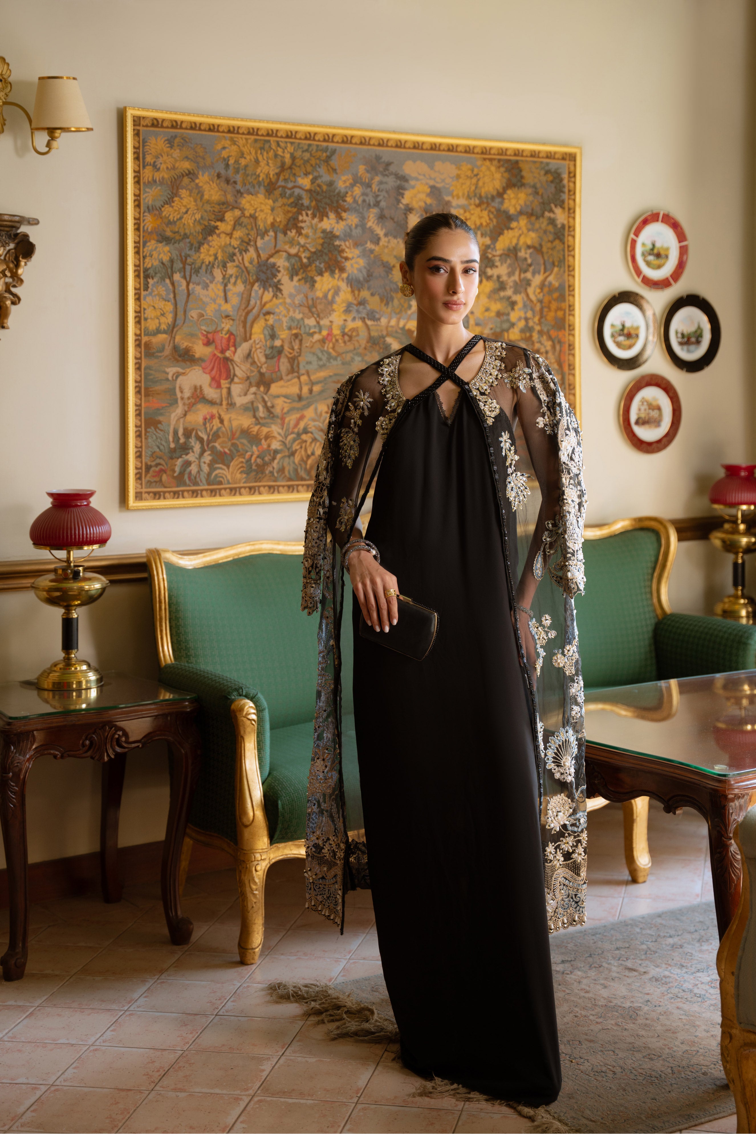 Black Embroidered Organza Jacket with Chiffon Underdress (2-Piece) - Image 1