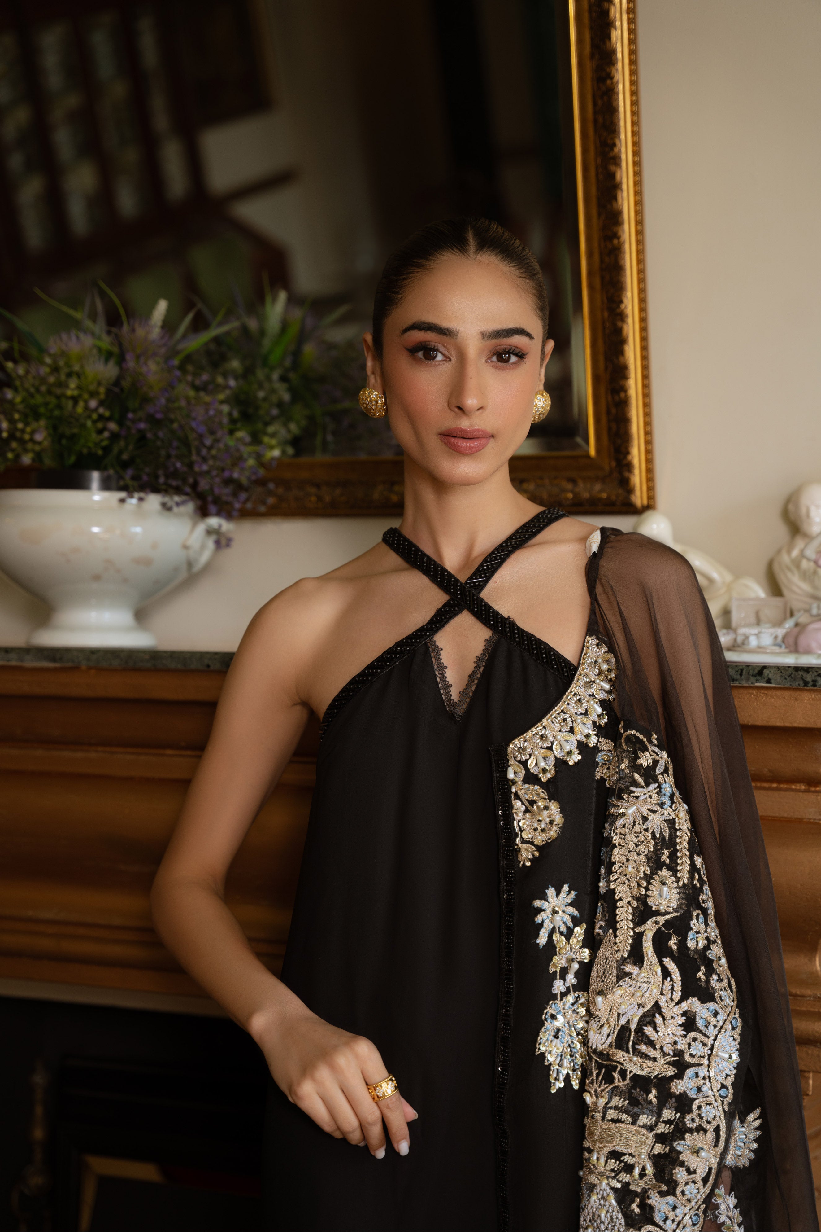 Black Embroidered Organza Jacket with Chiffon Underdress (2-Piece) - Image 10