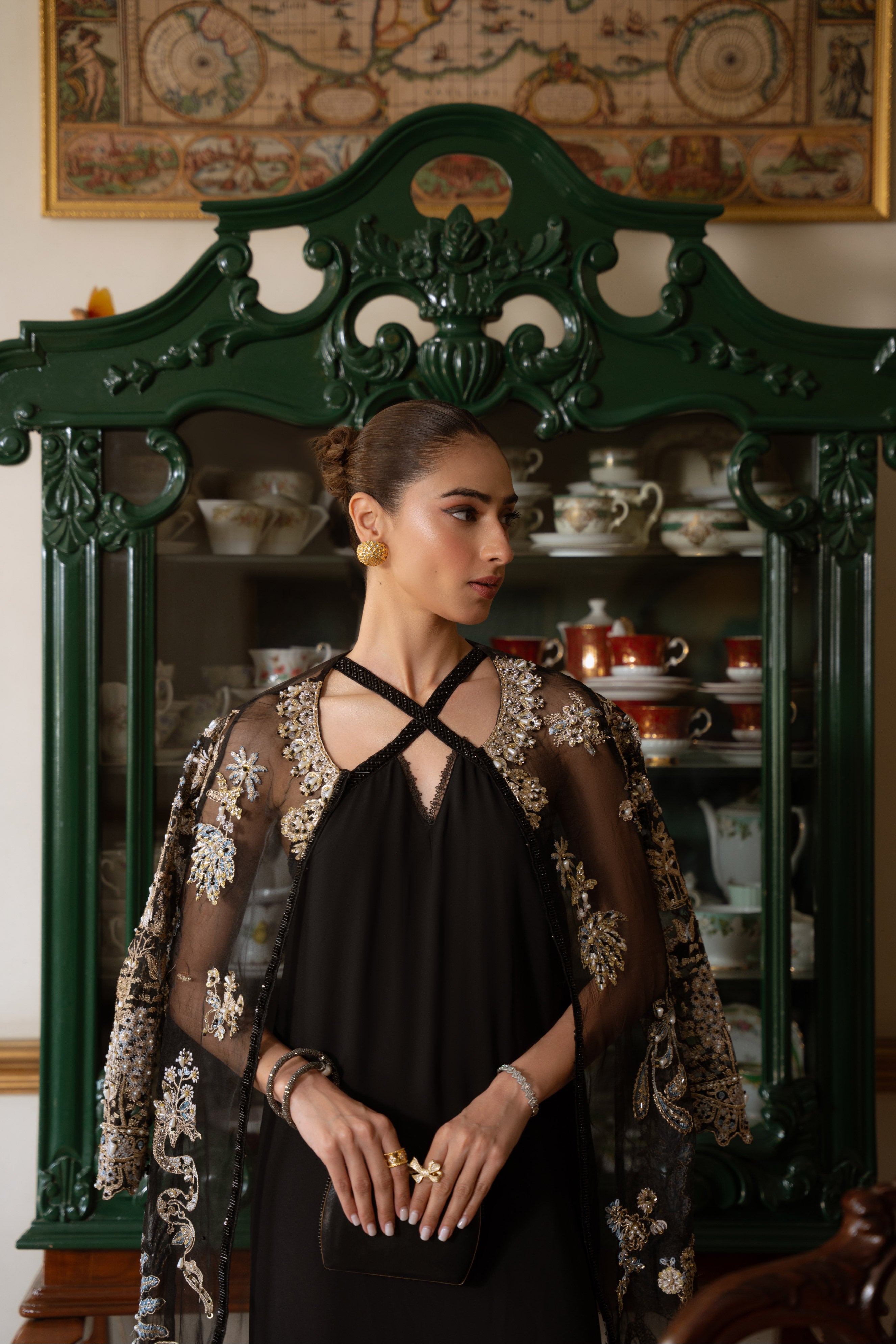 Black Embroidered Organza Jacket with Chiffon Underdress (2-Piece) - Image 2