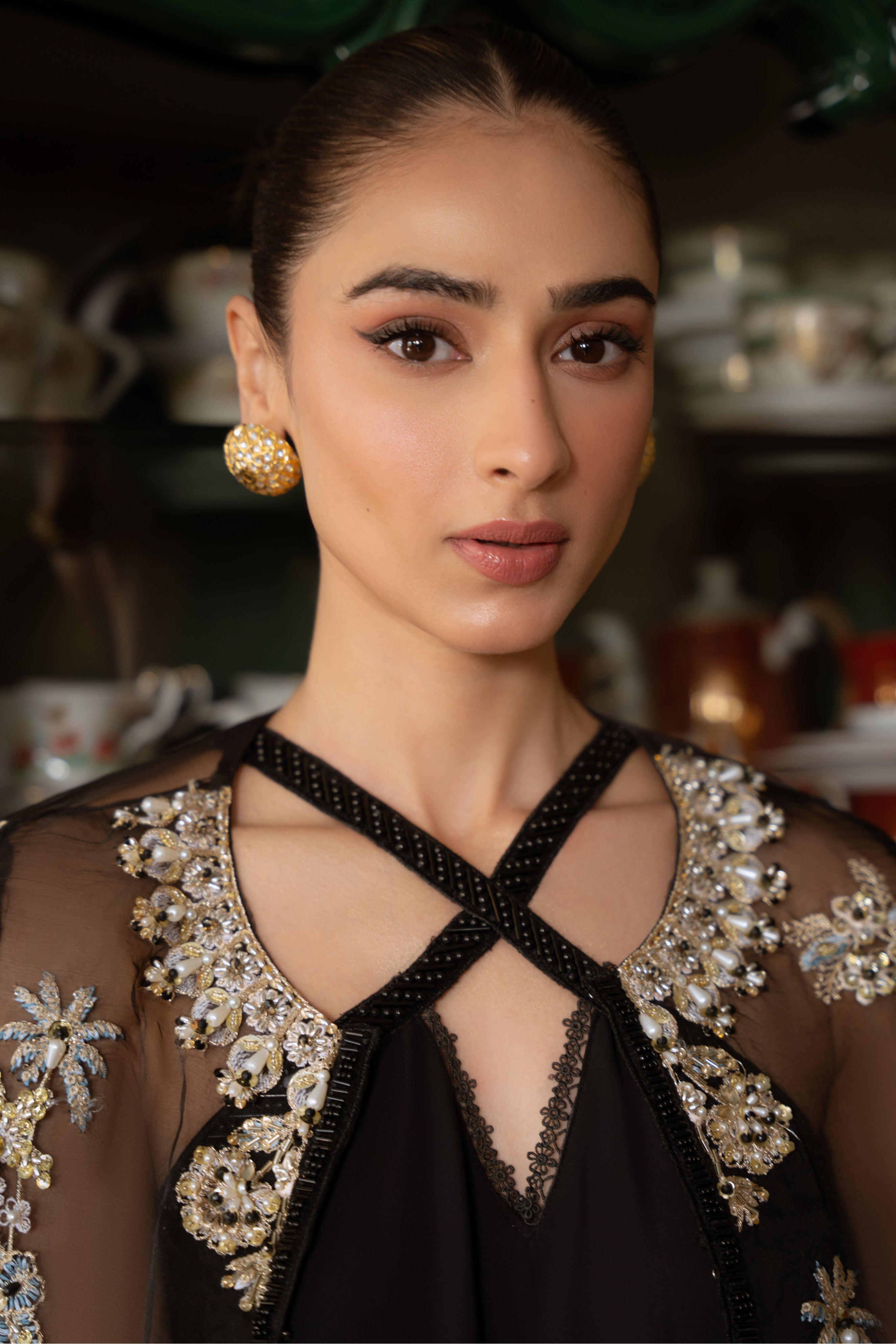 Black Embroidered Organza Jacket with Chiffon Underdress (2-Piece) - Image 3