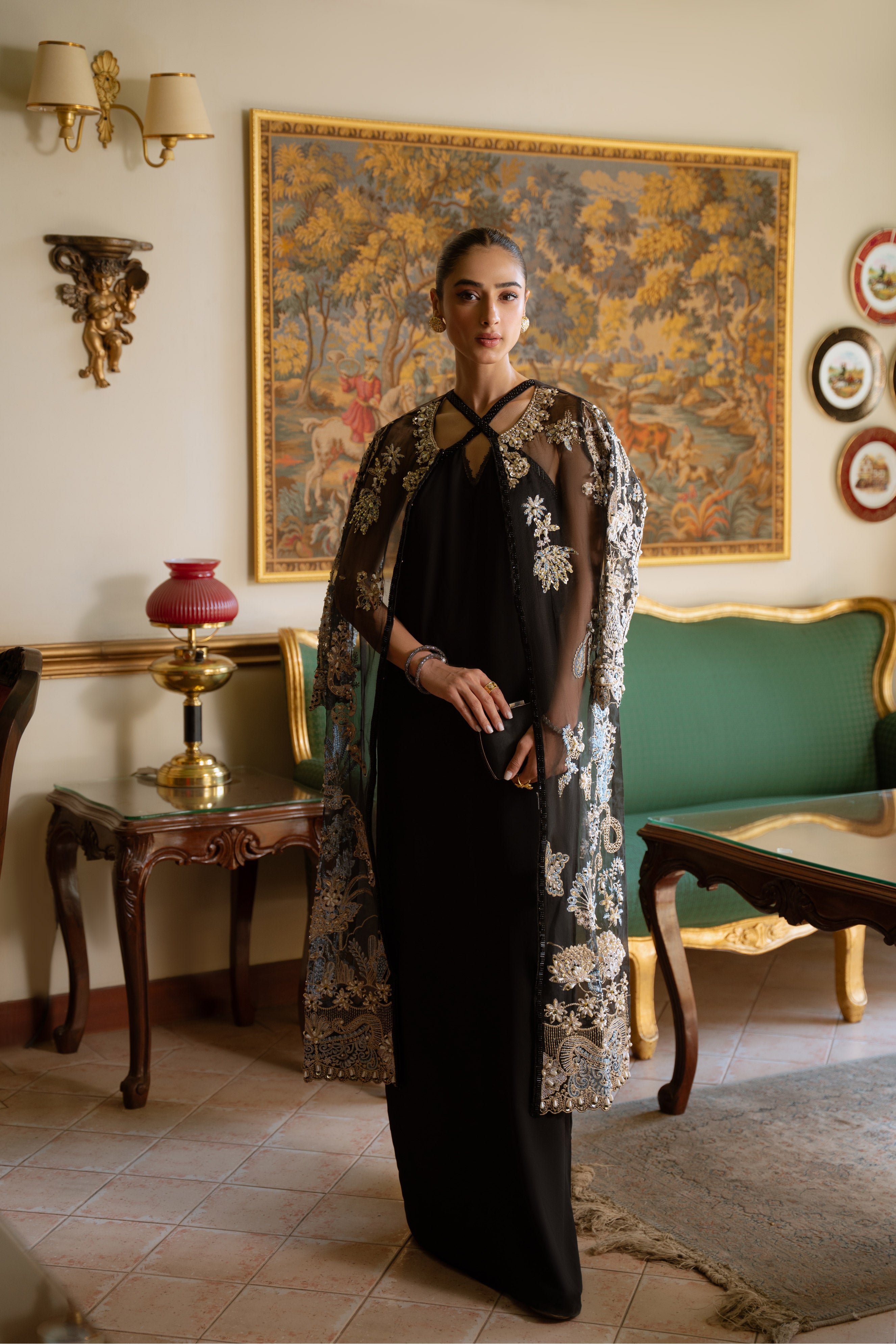 Black Embroidered Organza Jacket with Chiffon Underdress (2-Piece) - Image 4