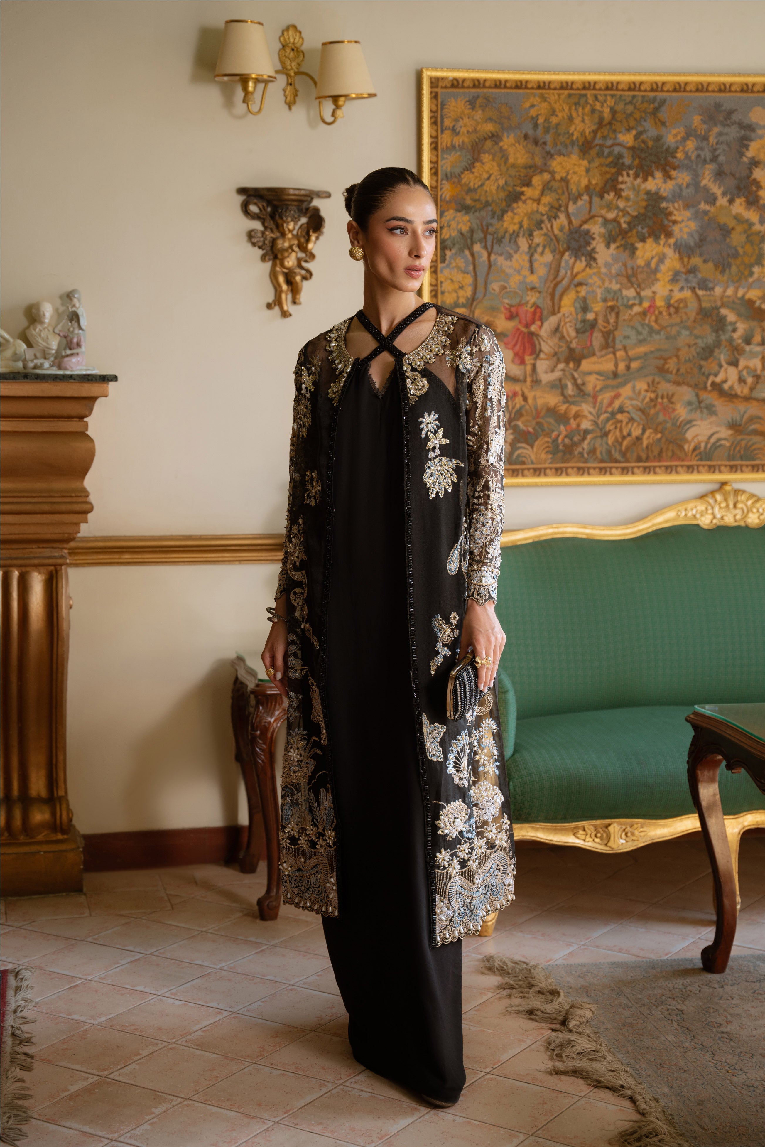 Black Embroidered Organza Jacket with Chiffon Underdress (2-Piece) - Image 5