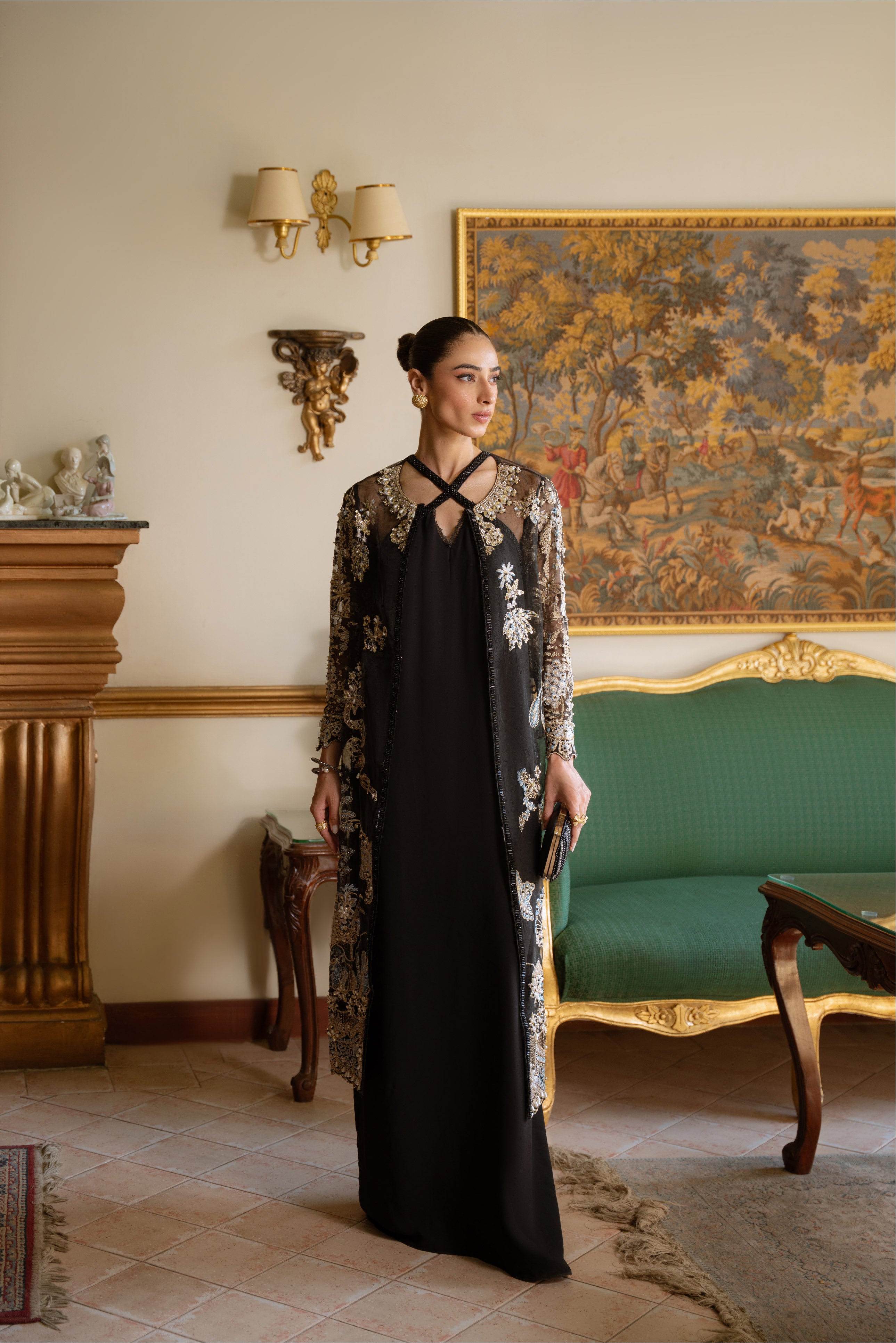 Black Embroidered Organza Jacket with Chiffon Underdress (2-Piece) - Image 6