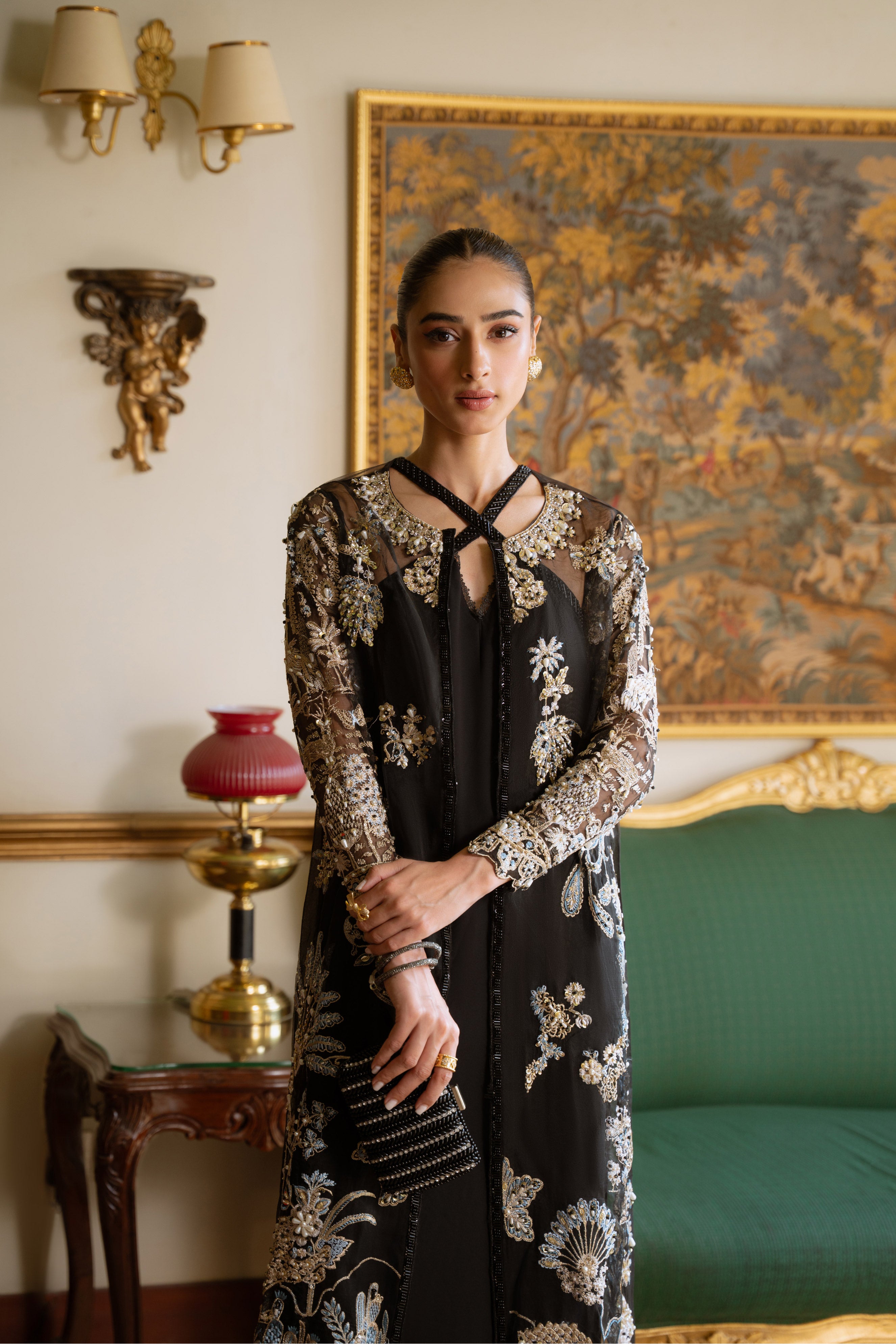 Black Embroidered Organza Jacket with Chiffon Underdress (2-Piece) - Image 7