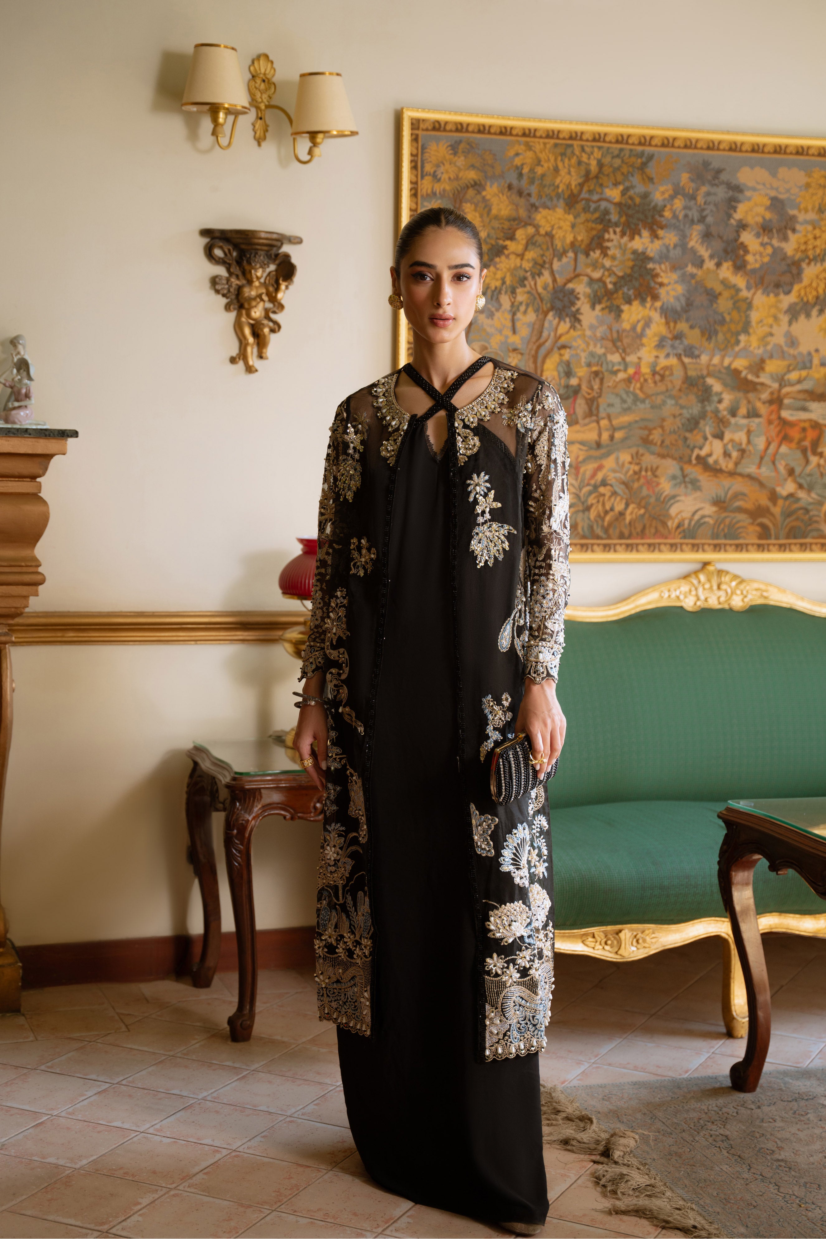 Black Embroidered Organza Jacket with Chiffon Underdress (2-Piece) - Image 8
