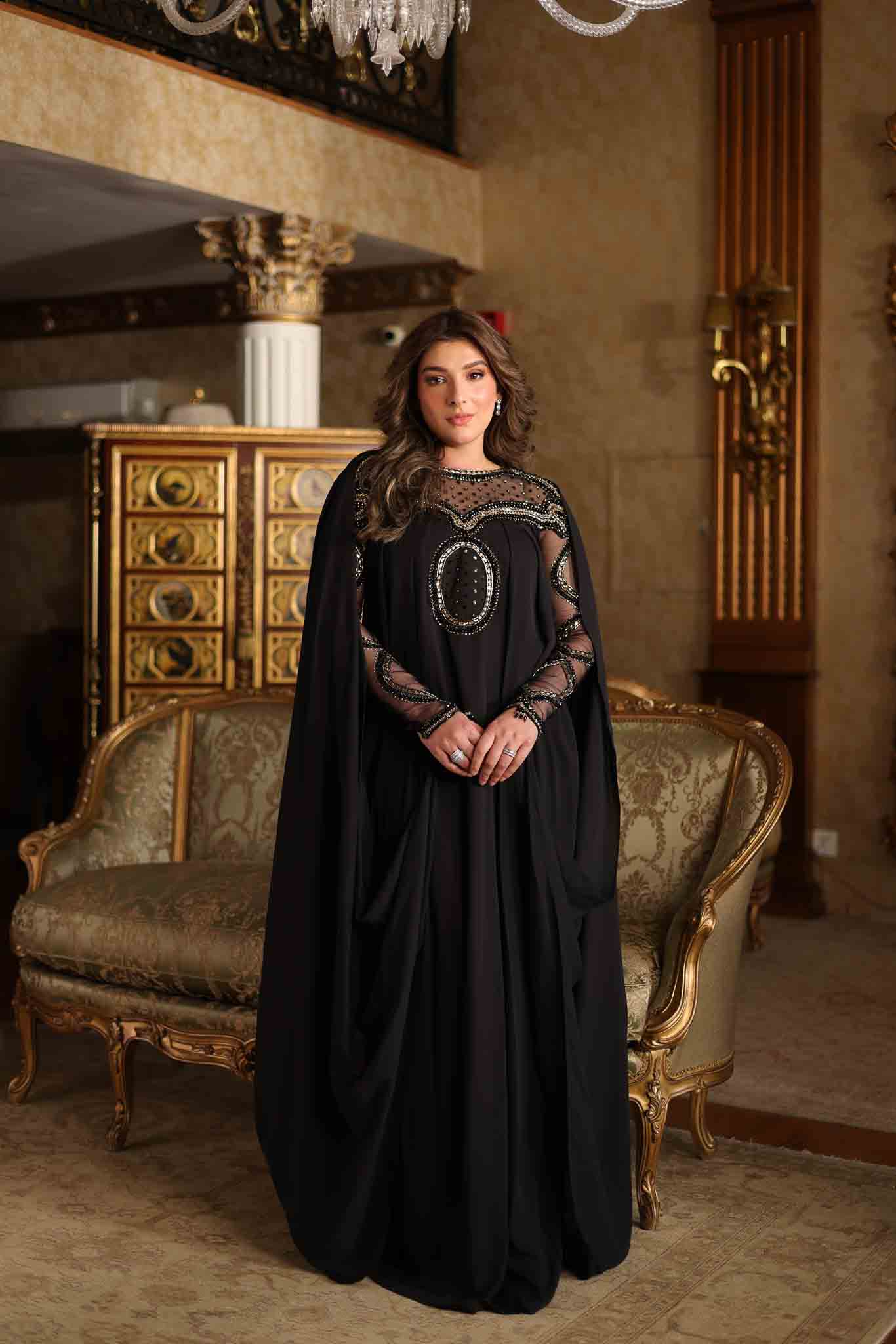 Pakistani Black Beaded Mesh Cape Gown (3-Piece) - Image 1