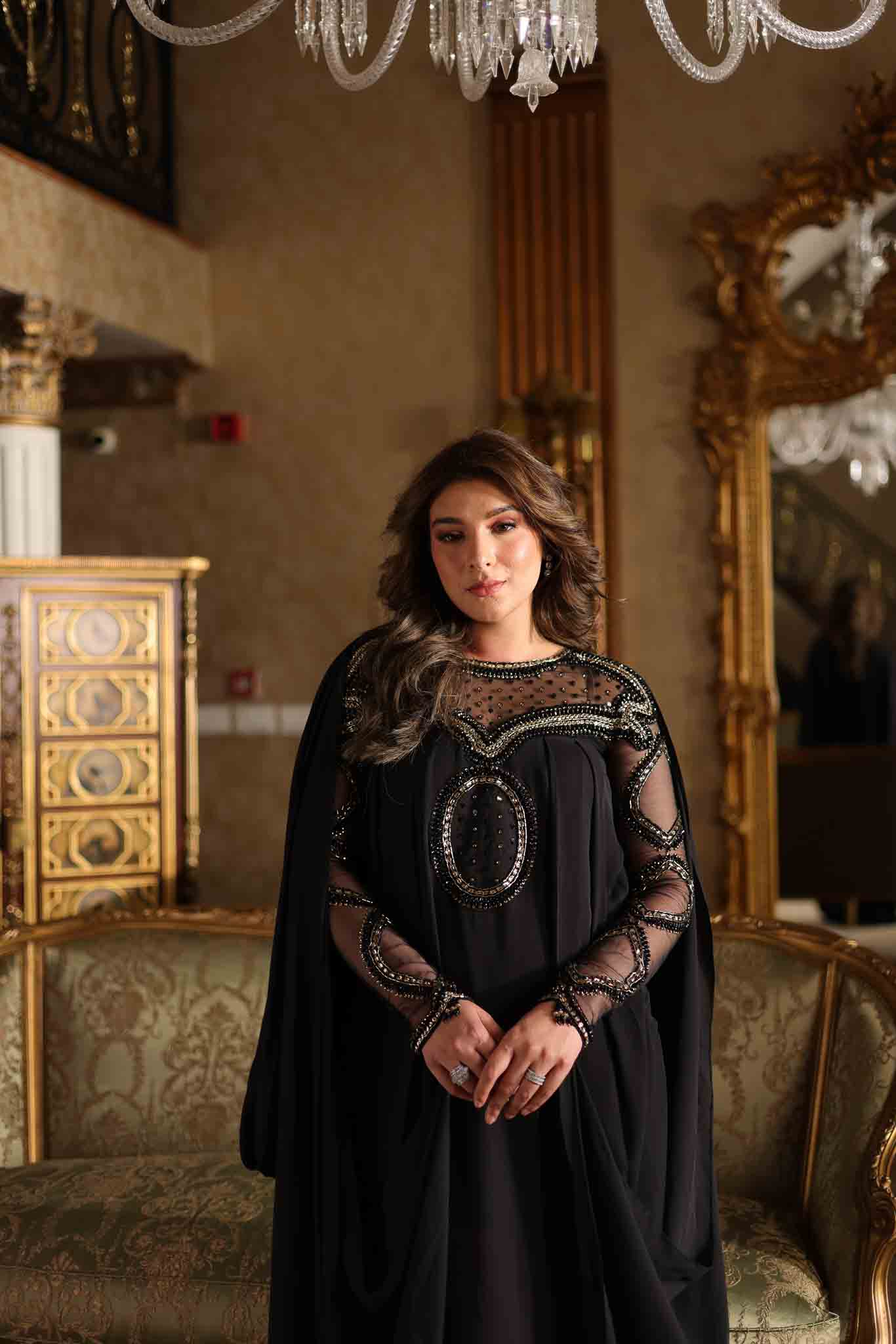 Pakistani Black Beaded Mesh Cape Gown (3-Piece) - Image 2