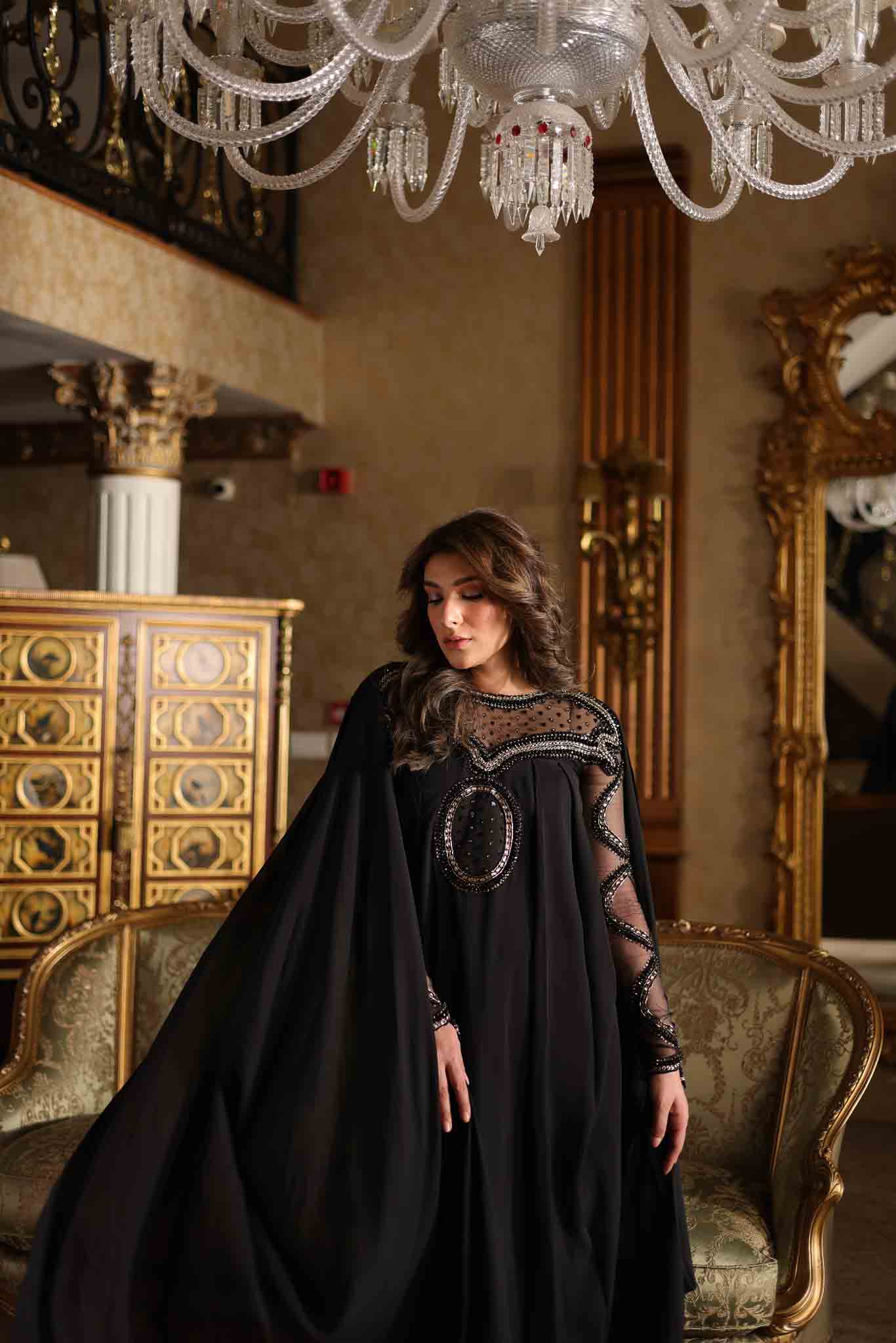 Pakistani Black Beaded Mesh Cape Gown (3-Piece) - Image 3