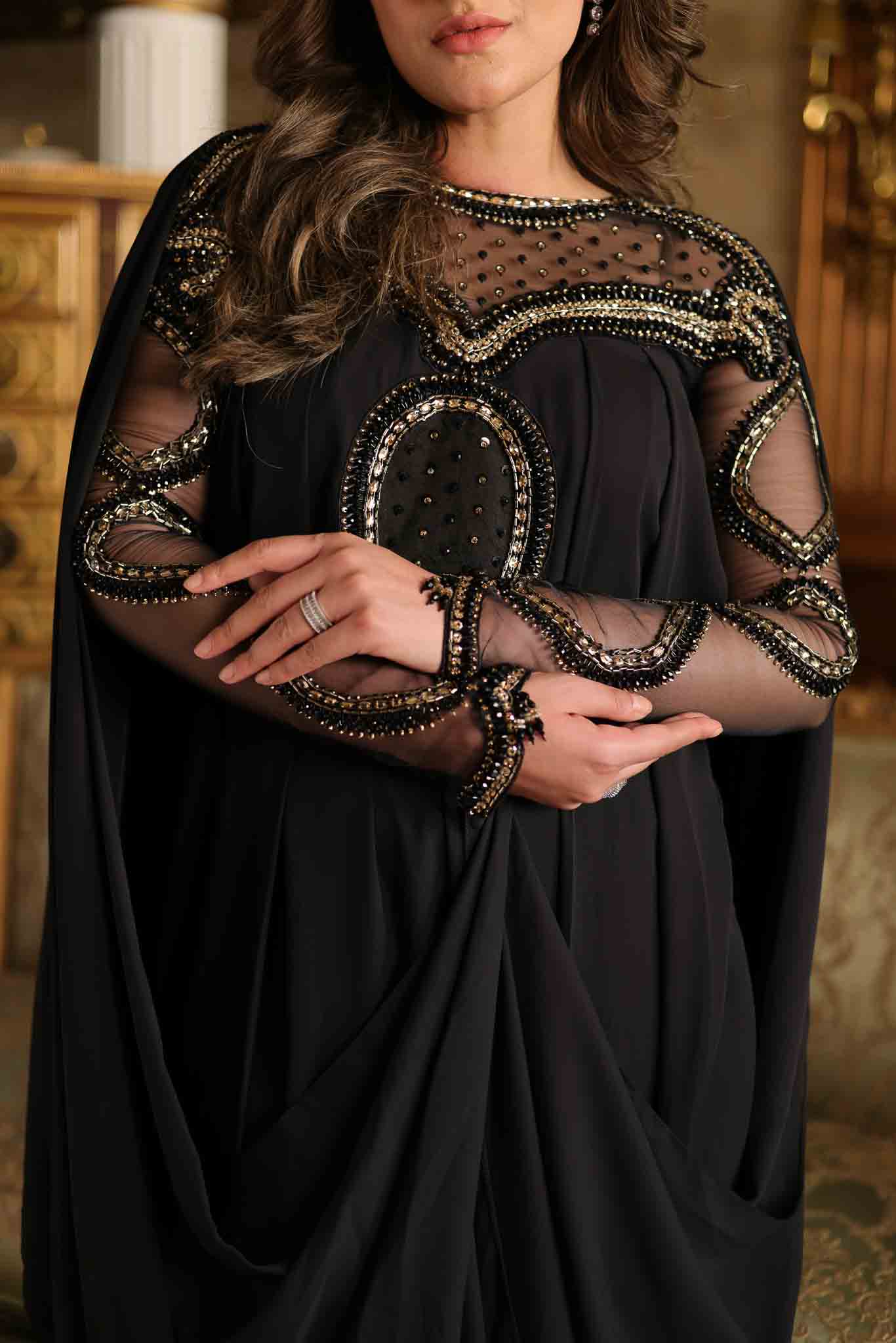 Pakistani Black Beaded Mesh Cape Gown (3-Piece) - Image 4
