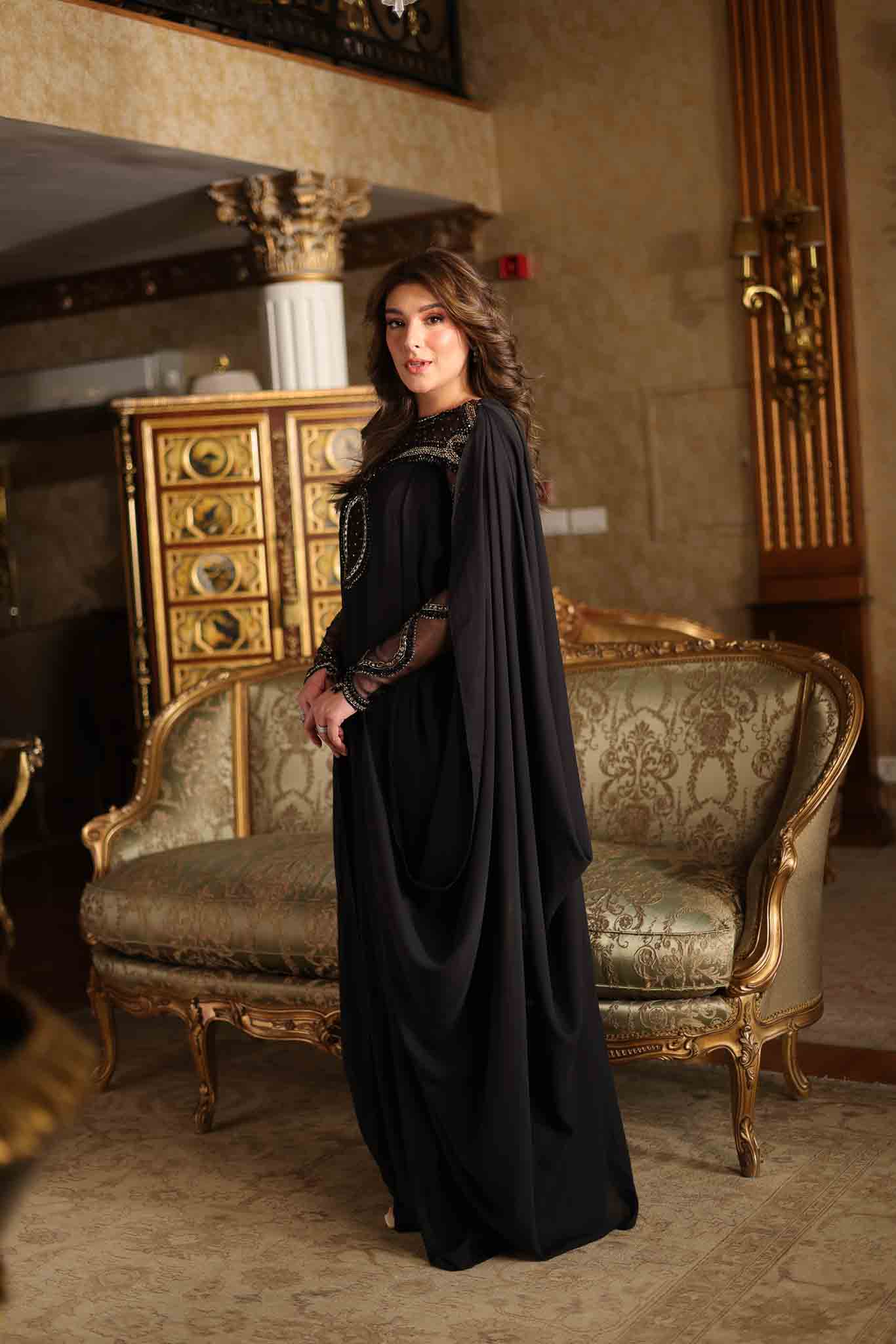 Pakistani Black Beaded Mesh Cape Gown (3-Piece) - Image 5