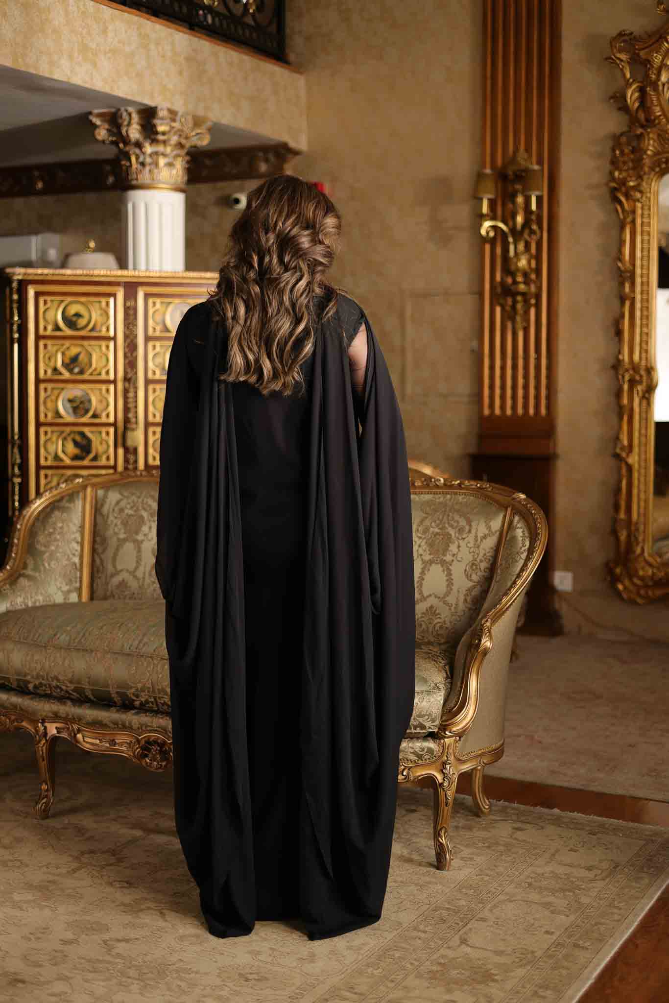 Pakistani Black Beaded Mesh Cape Gown (3-Piece) - Image 6