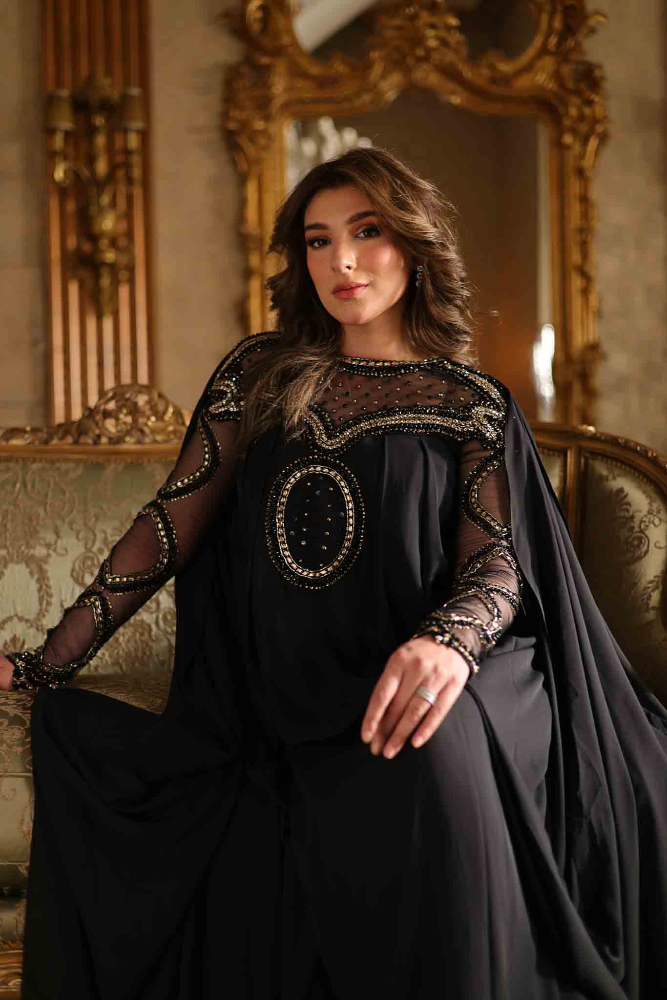 Pakistani Black Beaded Mesh Cape Gown (3-Piece) - Image 7