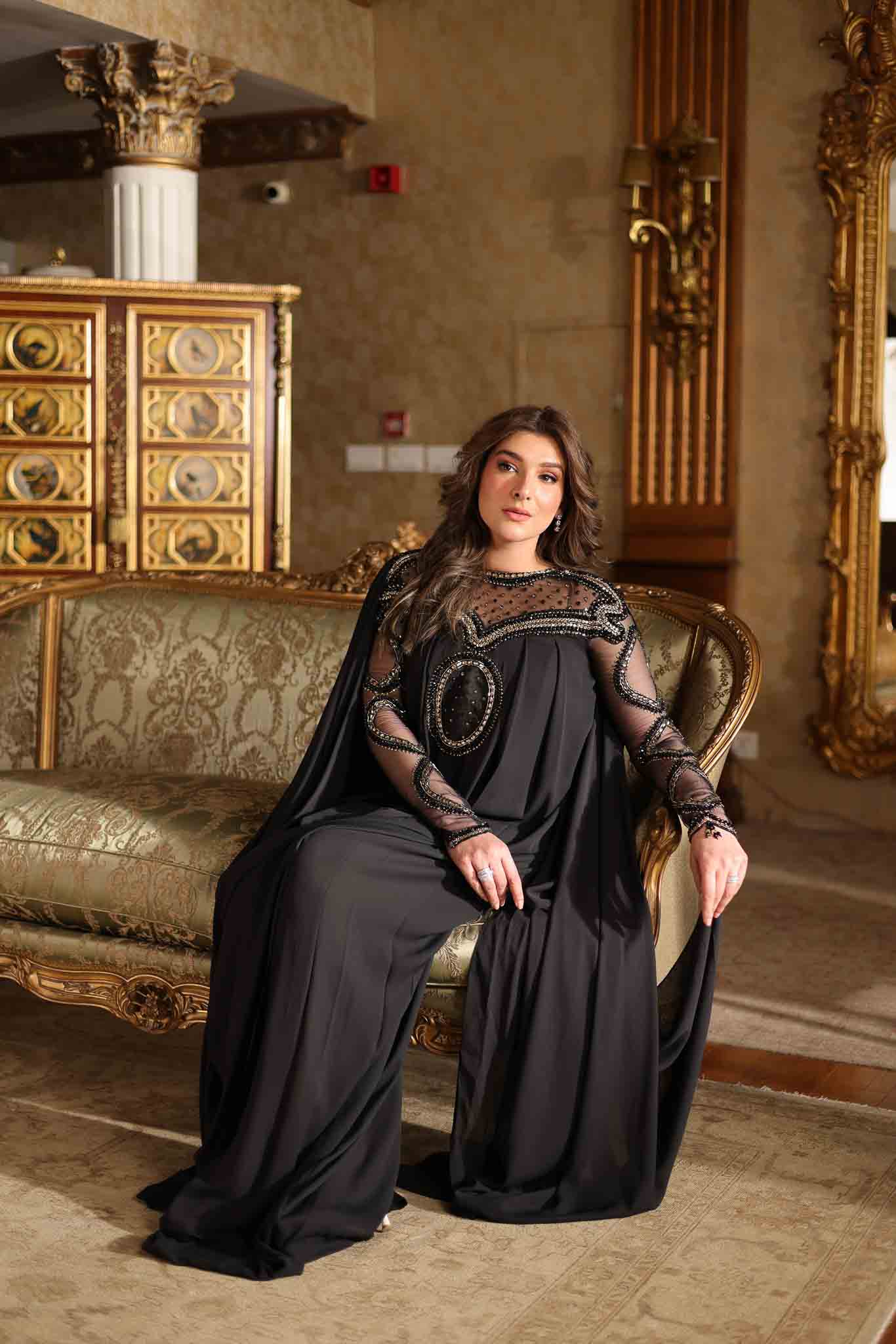 Pakistani Black Beaded Mesh Cape Gown (3-Piece) - Image 8