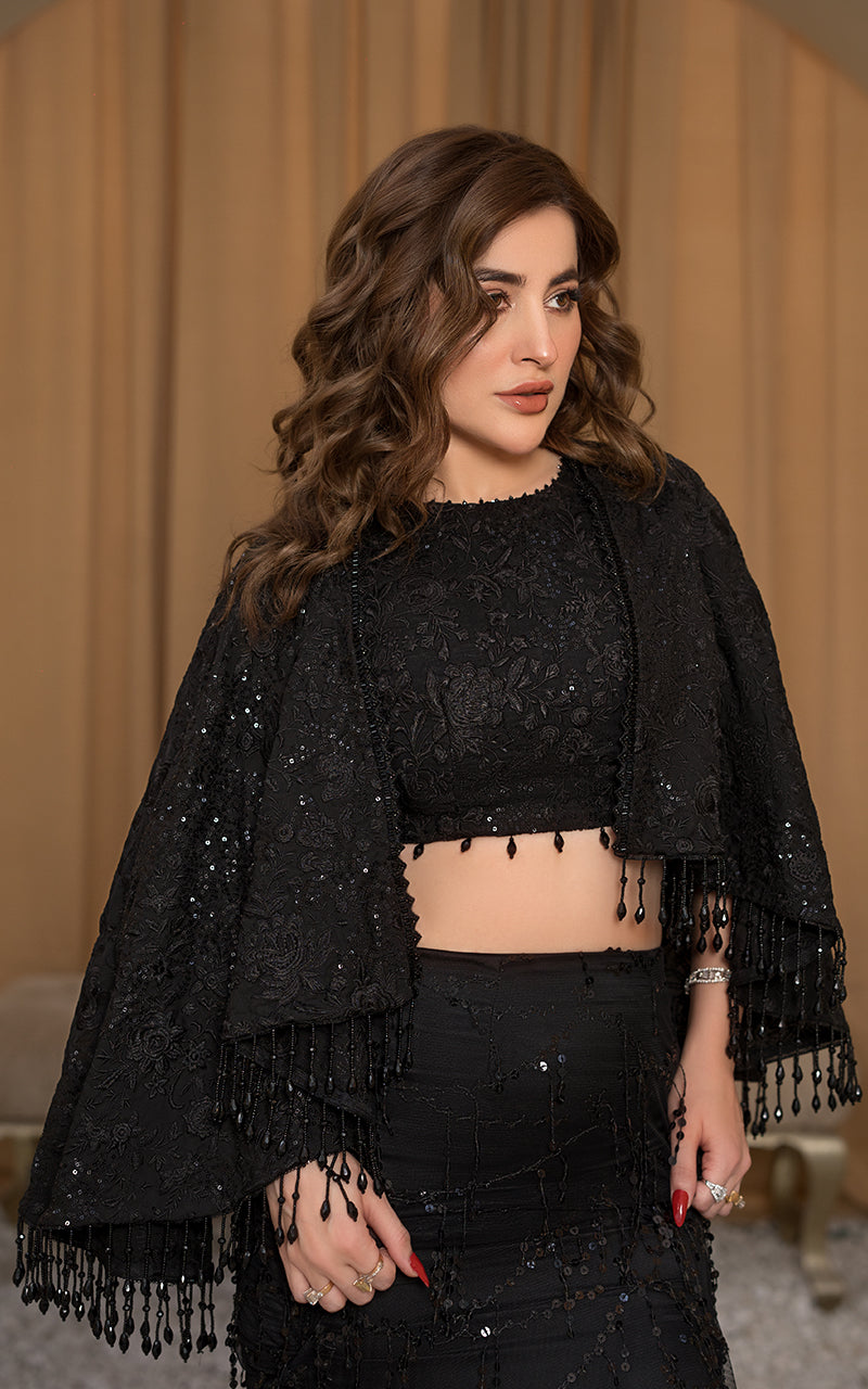 Pakistani Black Embroidered Silk-Blend Cape Dress (3-Piece) - Image 2
