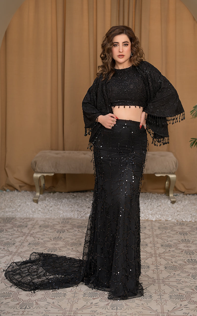 Pakistani Black Embroidered Silk-Blend Cape Dress (3-Piece) - Image 5