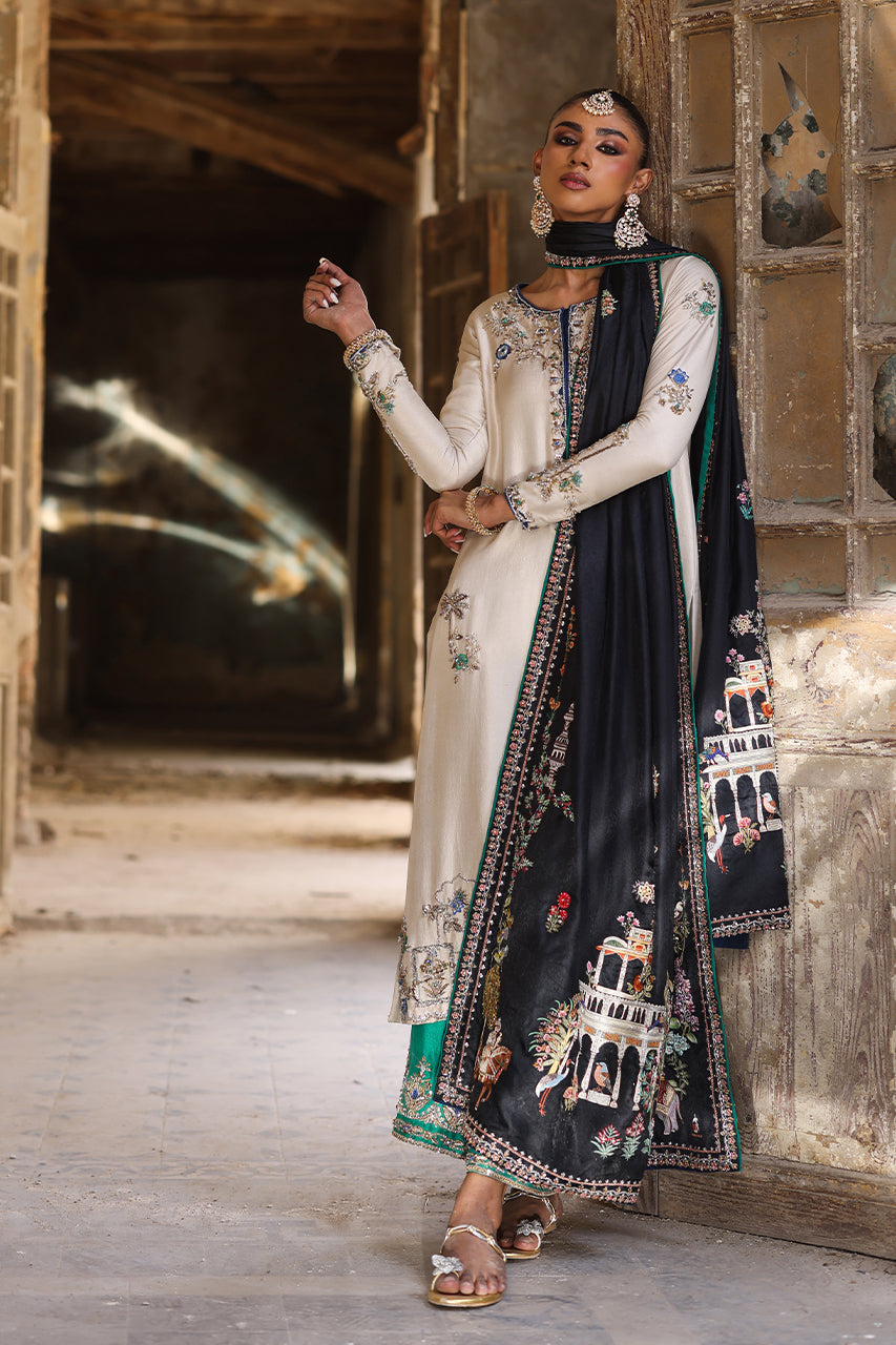 Pakistani Black Zardozi Resham Jamawar Silk Chadar (1-Pc) - Image 1