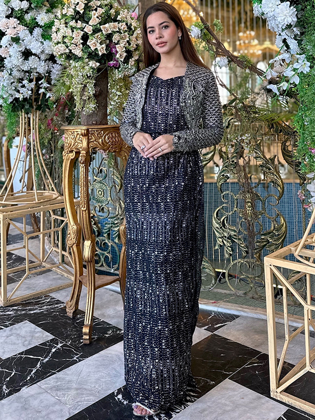 Indian Black Sequin Embellished Silk-Blend Co-ord Set (3-Piece) - Image 1