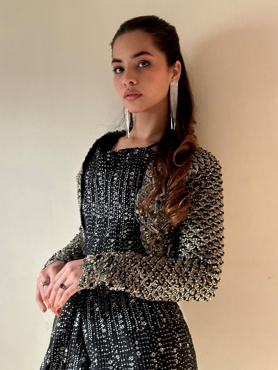 Indian Black Sequin Embellished Silk-Blend Co-ord Set (3-Piece) - Image 10