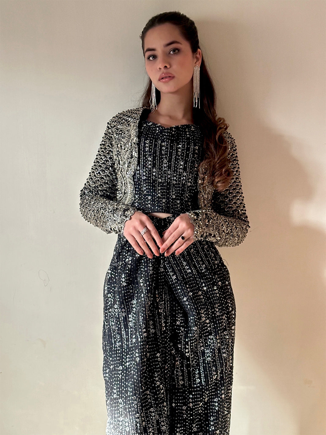 Indian Black Sequin Embellished Silk-Blend Co-ord Set (3-Piece) - Image 11