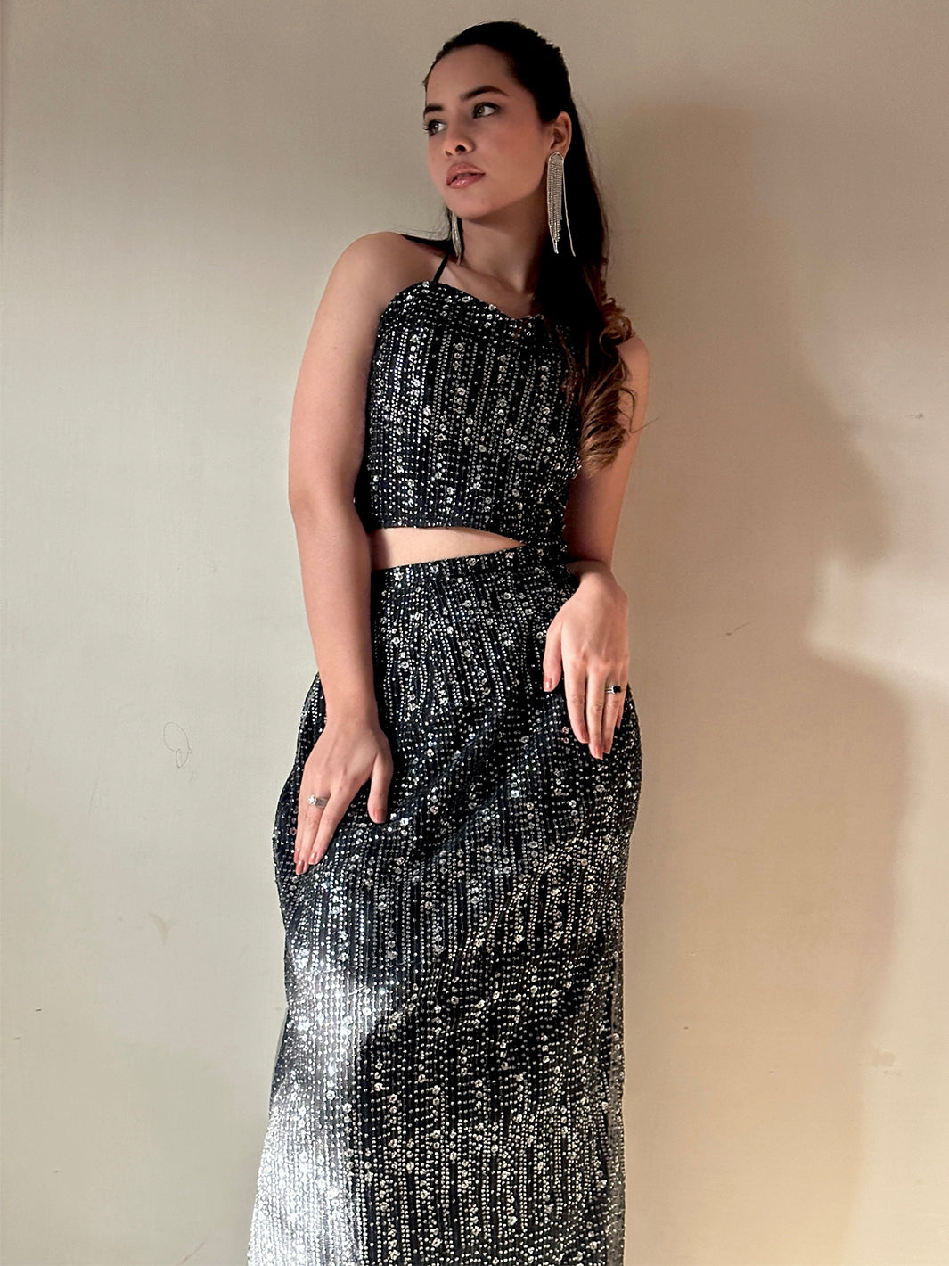 Indian Black Sequin Embellished Silk-Blend Co-ord Set (3-Piece) - Image 2