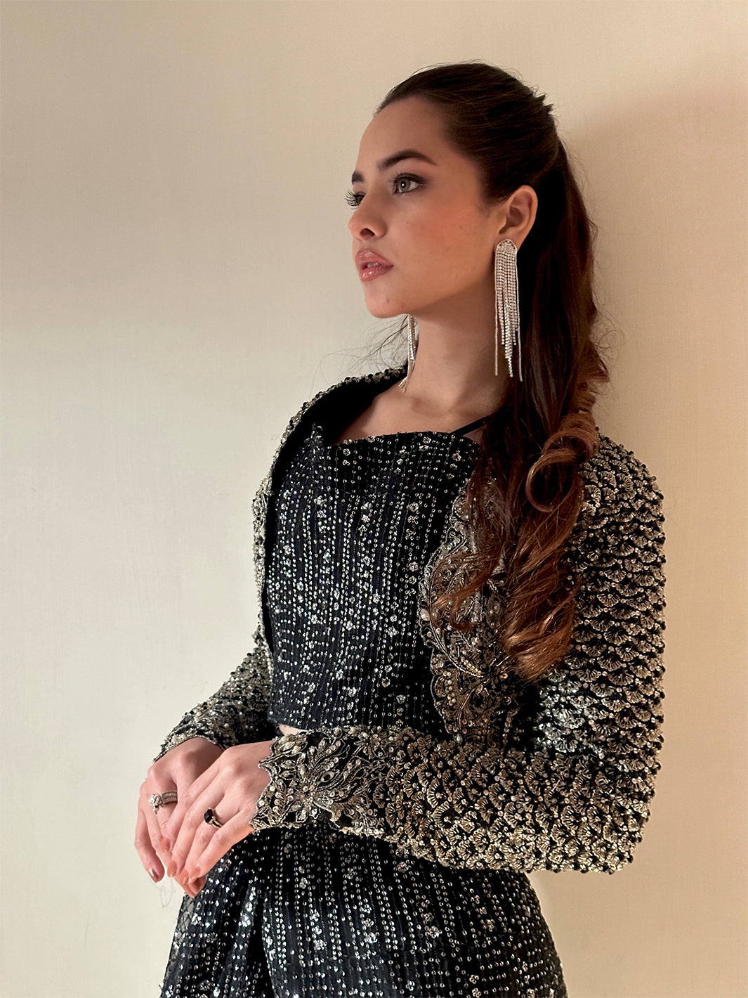 Indian Black Sequin Embellished Silk-Blend Co-ord Set (3-Piece) - Image 5