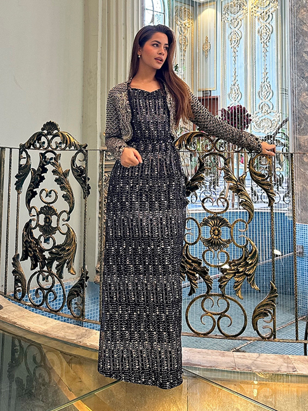 Indian Black Sequin Embellished Silk-Blend Co-ord Set (3-Piece) - Image 7