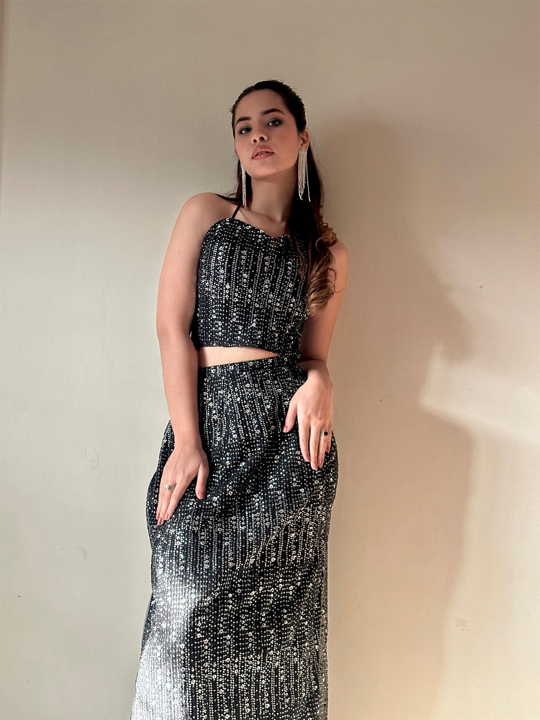 Indian Black Sequin Embellished Silk-Blend Co-ord Set (3-Piece) - Image 9