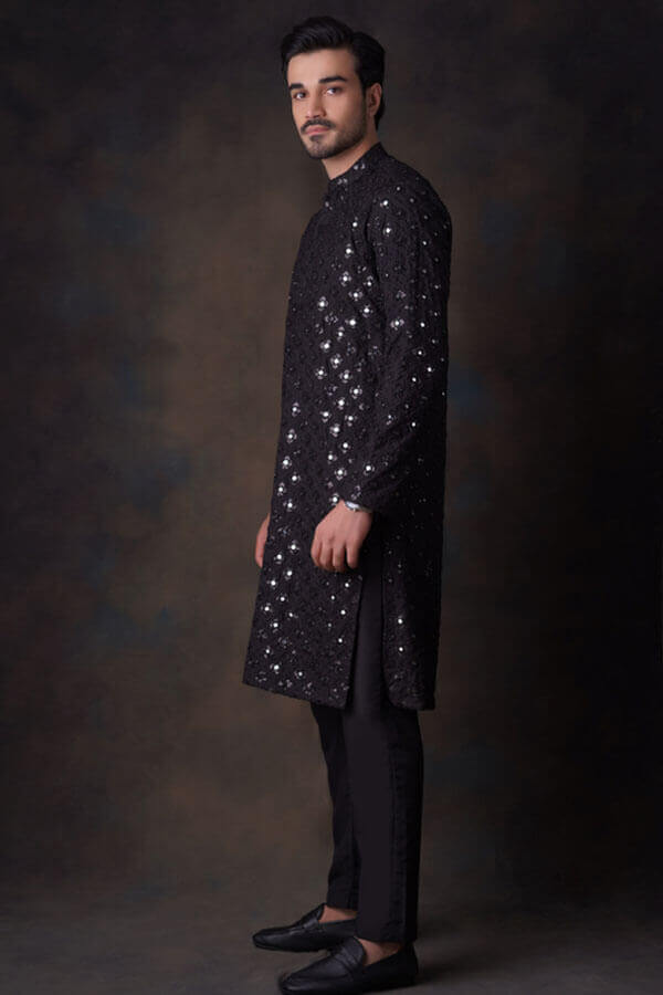 Jet Black Resham Zardozi Silk-Blend Kurta Pyjama (2-Piece) - Image 1