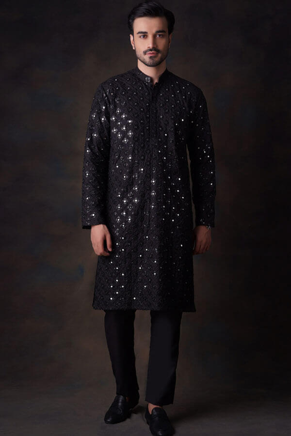 Jet Black Resham Zardozi Silk-Blend Kurta Pyjama (2-Piece) - Image 3