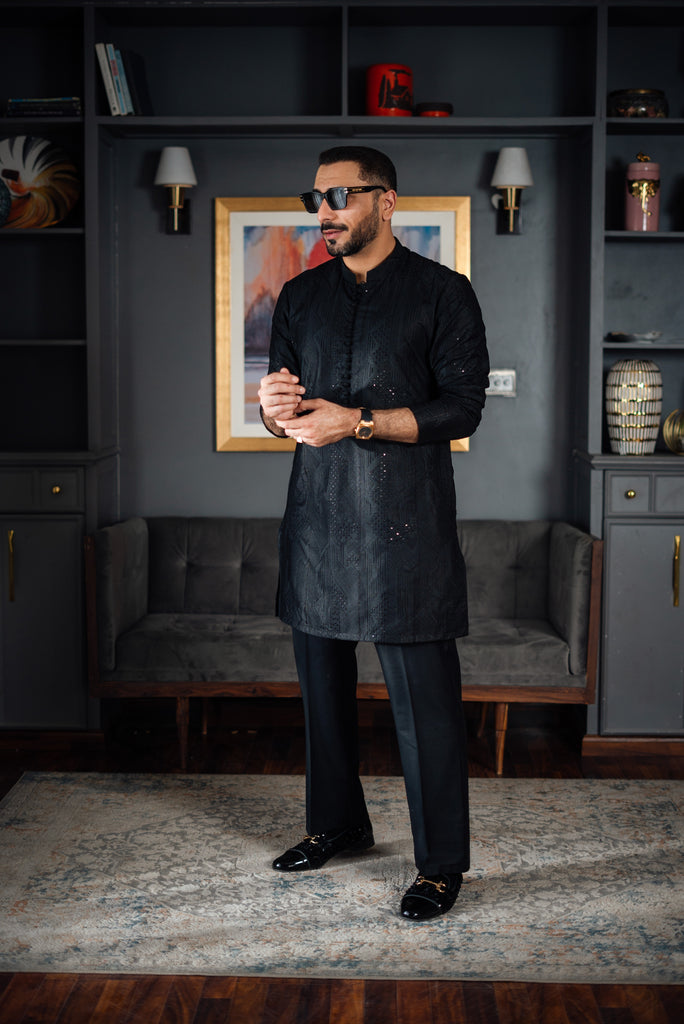 Black Beaded Self-Embossed Kurta Pajama (2-Piece) - Image 2