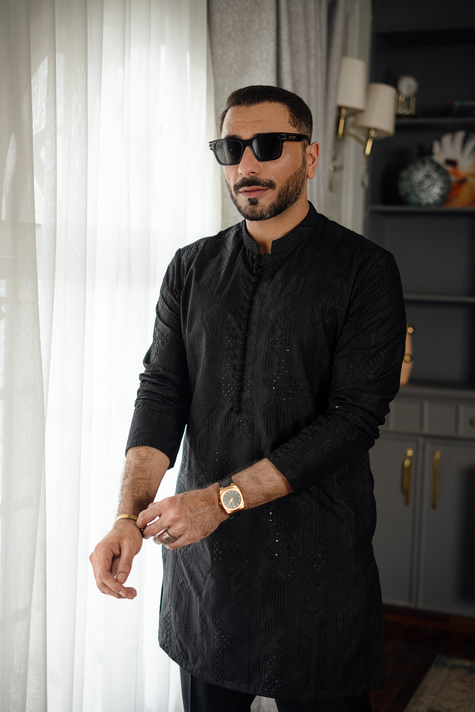 Black Beaded Self-Embossed Kurta Pajama (2-Piece) - Image 3